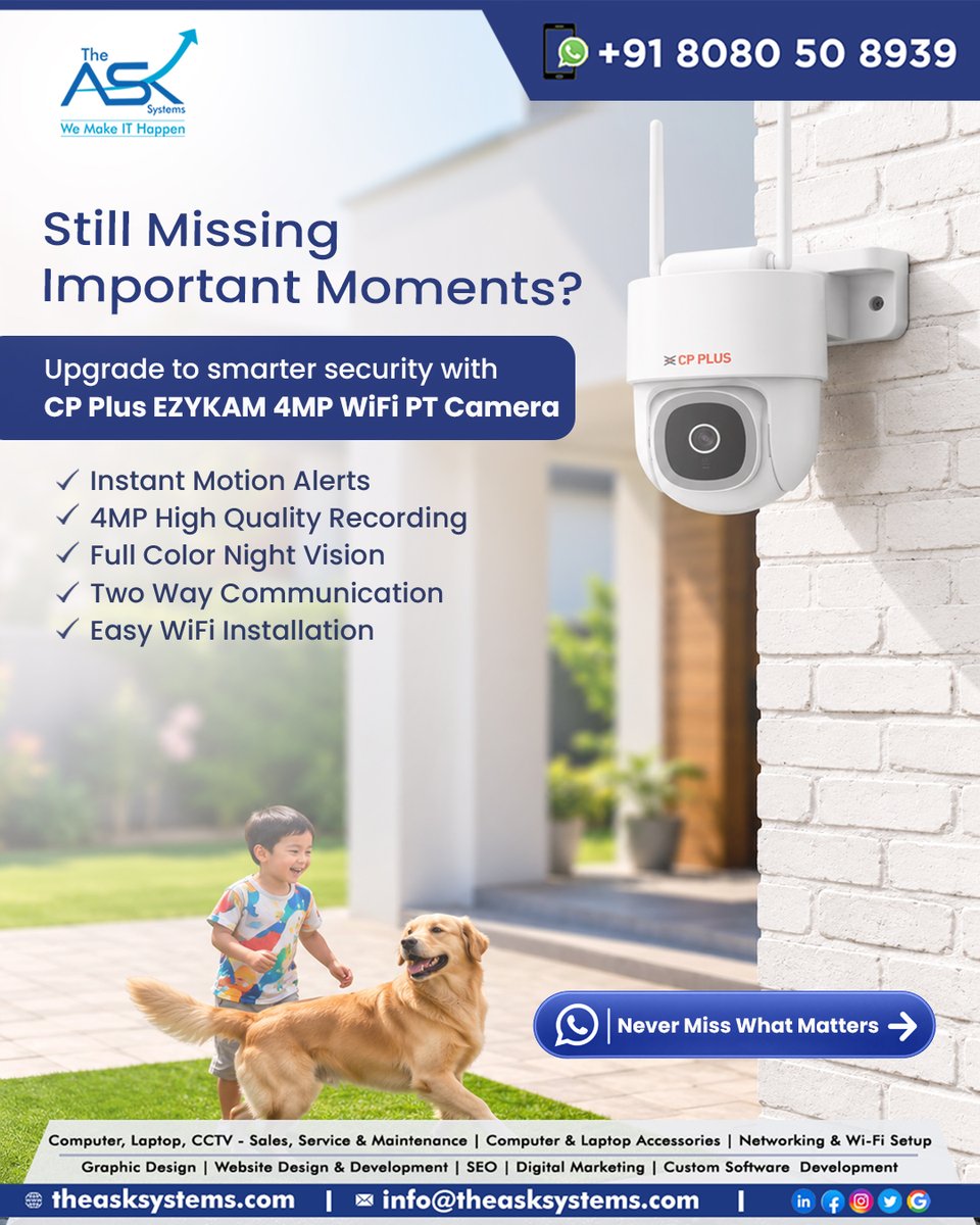 theasksystems's tweet photo. 📸 𝗪𝗵𝗮𝘁 𝗛𝗮𝗽𝗽𝗲𝗻𝘀 𝗔𝘁 𝗛𝗼𝗺𝗲 𝗪𝗵𝗲𝗻 𝗬𝗼𝘂'𝗿𝗲 𝗡𝗼𝘁 𝗔𝗿𝗼𝘂𝗻𝗱?

A delivery at the door? Unexpected movement? Or a moment you wish you hadn't missed?

Keep an eye on what matters with the CP Plus EZYKAM 4MP WiFi PT Camera! 🏡

#CPPlus #EZYKAM #SmartSecurity https://t.co/D9tfU9QAQQ