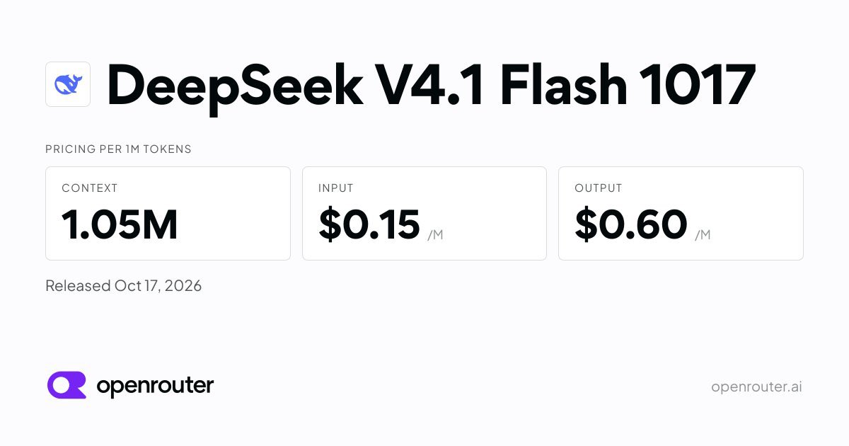 liamxbtt's tweet photo. deepseek just made it official

v4.1 flash 1017 is live on their app, web and api

> terminal-bench 31.2 to 42.3
> deepswe 77.0, above opus 5's 74.0
> open weights, mit

and they're calling it a "minor update"

if this is minor, what does pro look like? https://t.co/XpsuL3XMZB