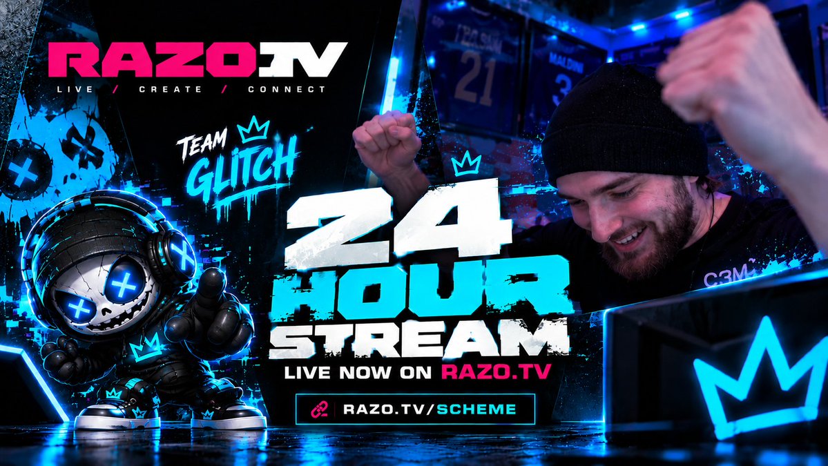 RazoTVOfficial's tweet photo. 🔵 19 HOURS IN. 5 TO GO. ⚡

SCHEME is pushing through the FIRST EVER 24-HOUR STREAM on https://t.co/dKVO37JF8h with TEAM GLITCH!

The finish line is getting closer, but we're not done yet. Come show your support and be part of the action.

🔗 Watch LIVE: https://t.co/FVsC9cMGPa

#RazoTV #TeamGlitch #24HourStream #Gaming #Fifa #stream