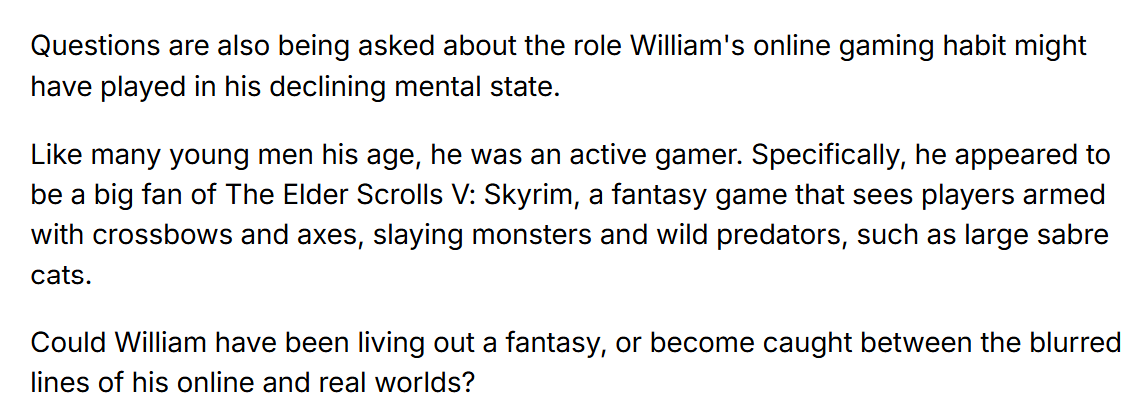 JezCorden's tweet photo. The Daily Mail very competently speculates that 
"The Elder Scrolls V: Skyrim," is to blame for a man climbing into a tiger pen and getting mauled to death at a UK zoo recently. 

Owing to the fact it features "large sabre cats." https://t.co/3xzzYFAmud