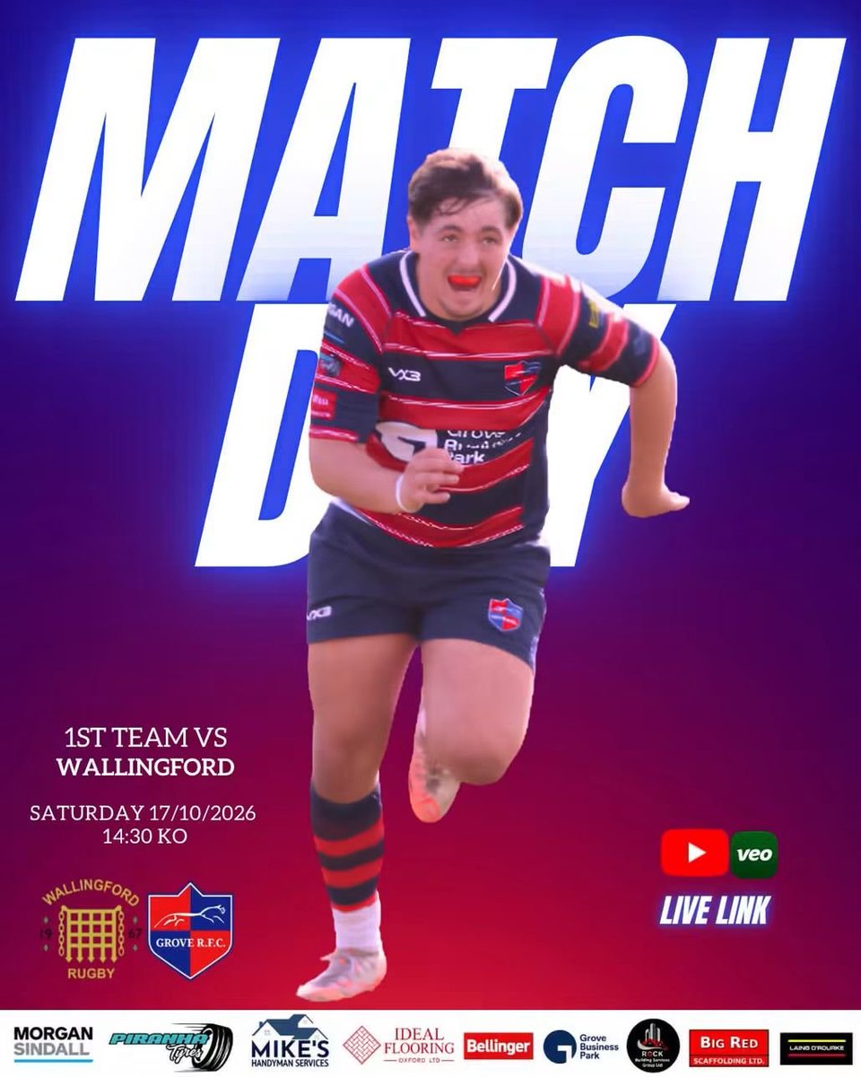 GroveRFC's tweet photo. It's Match day and our First team are in action. 

230 KO @wallingfordrfc 

Head over to support the boys.

Or got to our YouTube channel to watch the game from anywhere in the world. https://t.co/2Ttxt7AmM9