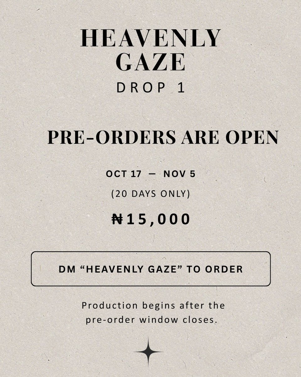 thececilbrand's tweet photo. IT'S OFFICIAL. 👁️ PREORDERS ARE LIVE.
CECIL presents HEAVENLY GAZE — our first-ever beanie.
Multiple gazes. One silhouette.
💸 ₦15,000
Oct 17 – Nov 5
DM “HEAVENLY GAZE” to preorder.
20 days. DROP 01. Don't sleep. https://t.co/76hf5tCOrV
