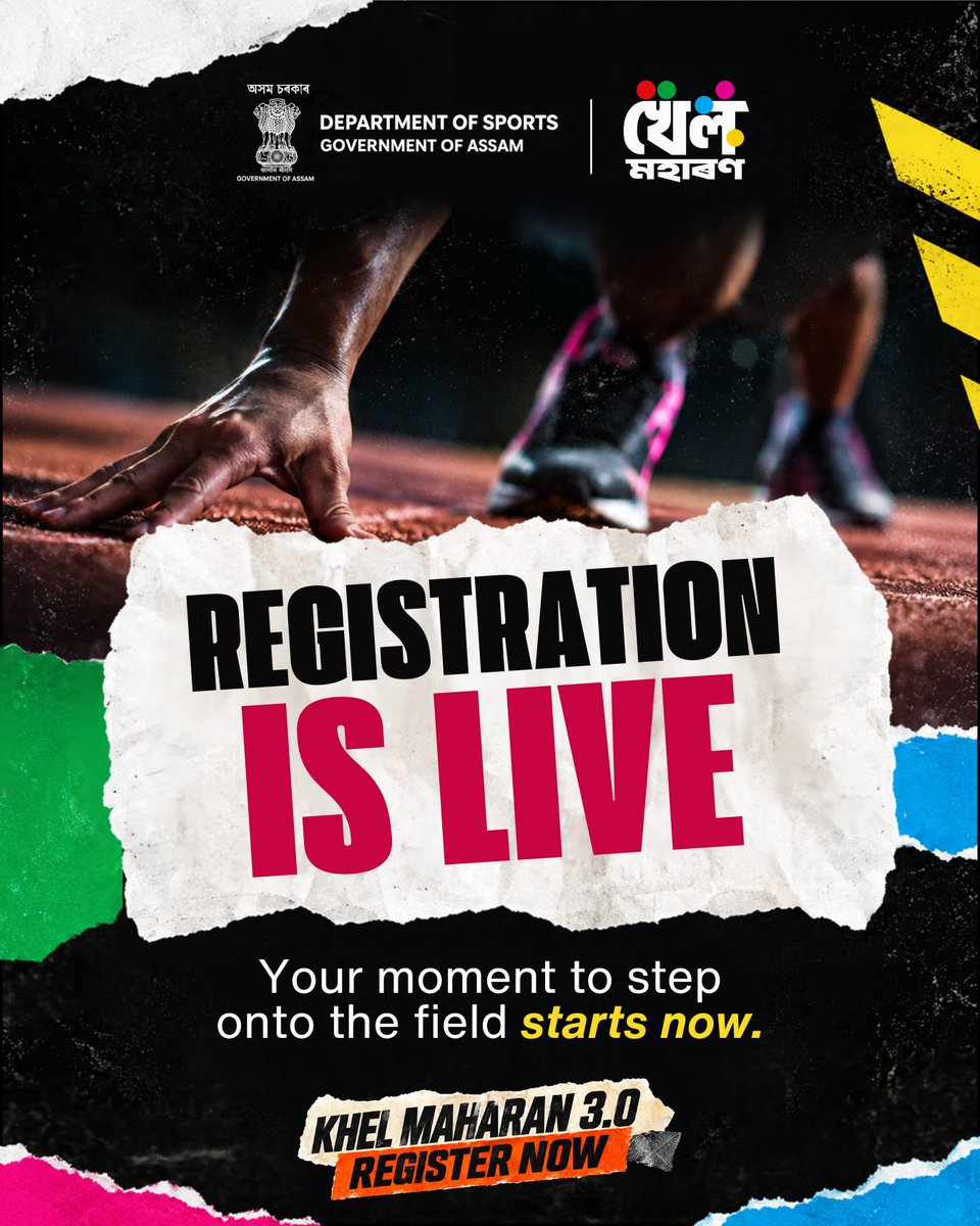 Assam_DSYW's tweet photo. 🔥 Assam, your moment is here! 🏆

The field is calling, the competition awaits, and your sporting journey starts NOW! 💪🏃‍♀️🥊🏸

Khel Maharan 3.0 is your chance to showcase your talent, challenge your limits, and take the first step towards becoming tomorrow’s champion. 🌟 Every dream deserves a chance, and every athlete deserves a platform to shine!

📢 Registration is LIVE! Don’t wait for the perfect moment — make this your moment!

🔗 Register now: https://t.co/YqC6VvFzdU

Bring your passion. Unleash your potential. Represent Assam with pride! ❤️🔥

Khel Maharan 3.0 — Play with passion. Compete with pride. Win with glory! 🥇

[ Khel Maharan 3.0, Registration Live, Assam Sports, Grassroots Sports, Sports Registration Assam, Young Athletes, Sports Talent, Youth Empowerment, Athlete Development, Sporting Excellence, Sports for All, Assam Sporting Movement, Stronger Assam ]
@PMOIndia @CMOfficeAssam @himantabiswa @CSAssam_ @BiswajitDaimar5 @afiindia @Abhinav_Bindra @mansukhmandviya @YASMinistry @IIS_Vijayanagar @TheJSWGroup  @IndiaSportsHub @AssamOlympic @Media_SAI @SAIGuwahati @kheloindia @ddsportschannel @Sentinel_Assam @Olympics @khadseraksha