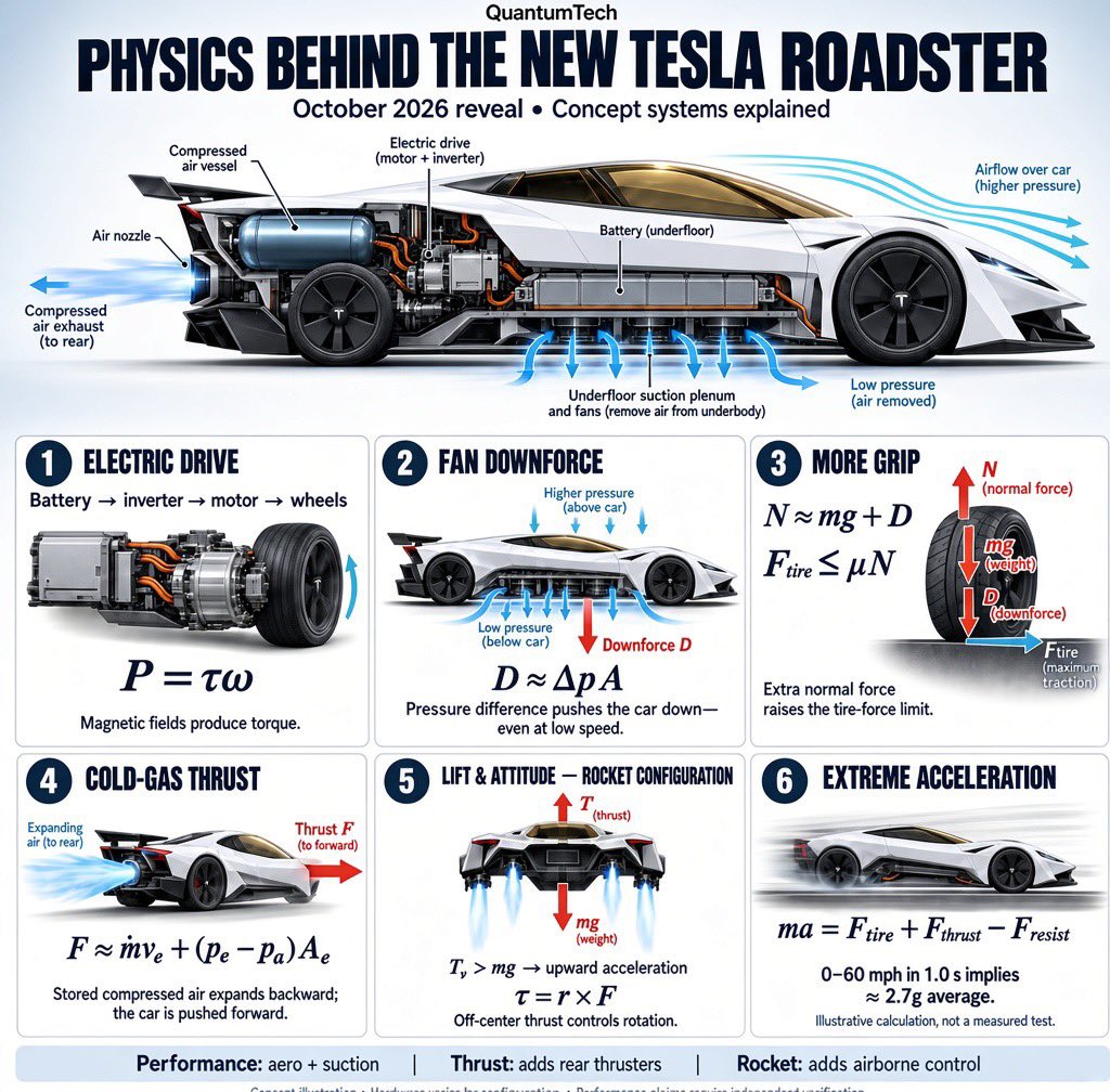 QuantumTech_X's tweet photo. The physics behind the new Tesla Roadster🤔 A smart and solid  invention or not ?👇 https://t.co/5296iKV3RJ