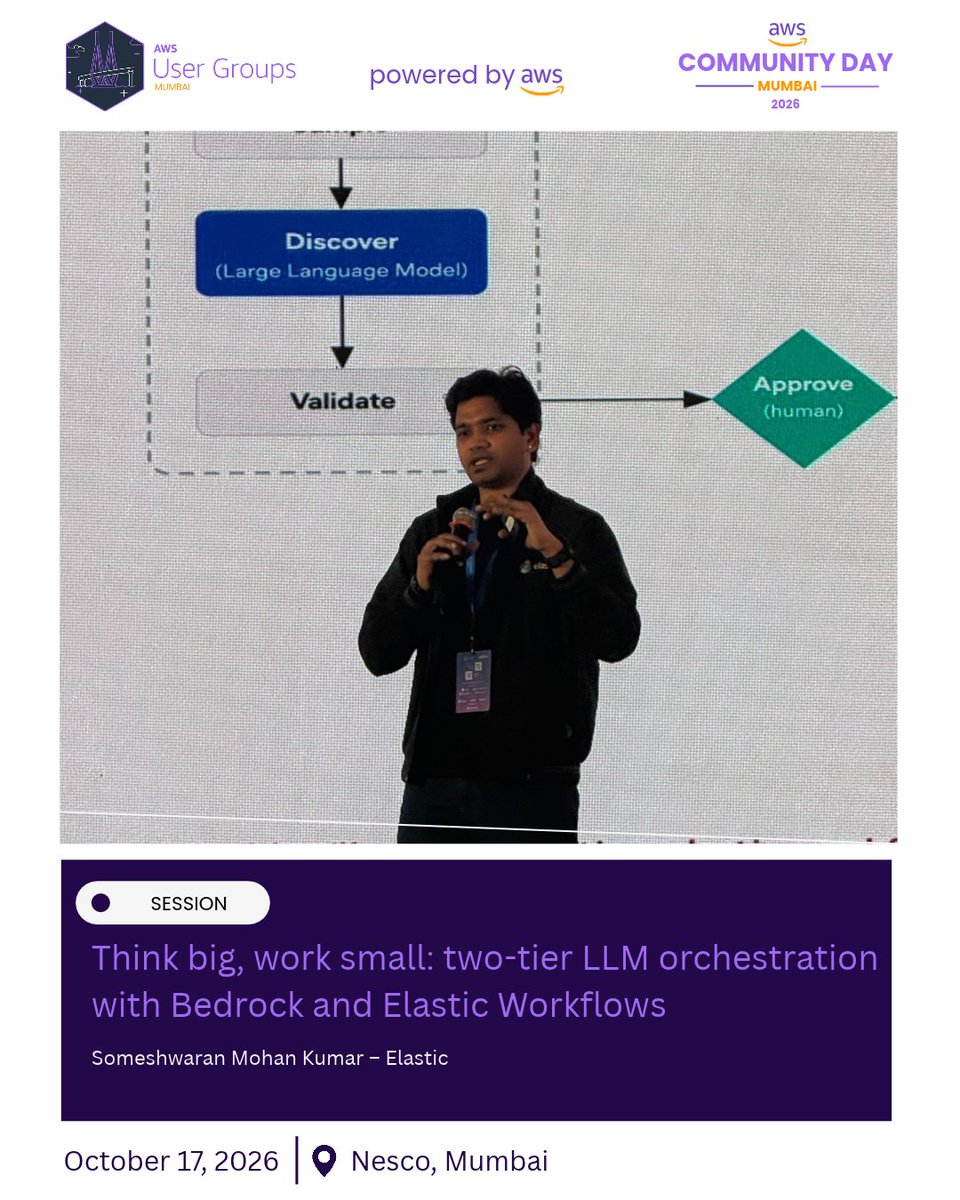 awsugmum's tweet photo. Smarter routing for massive language models!

Huge appreciation for Someshwaran Mohan Kumar's talk on two-tier LLM orchestration with Bedrock and Elastic Workflows. The ultimate combination of cost-efficiency and scalable architecture! 💸 

#AWSCommunityDayMumbai #acdmumbai2026 https://t.co/7t5lQ1xVor