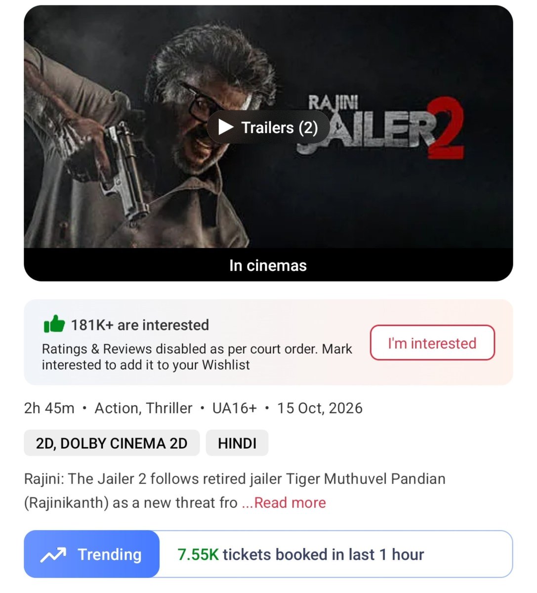 filmy_view's tweet photo. #Jailer2 ❤️‍🔥❤️‍🔥💪🏻
2-3pm    
Tickets sold on BMS- 67480
Yesterday- 57450

Total from 6am- 4,49,050 🔥
Yest- 3,91,880 https://t.co/JfkPwiL5sY