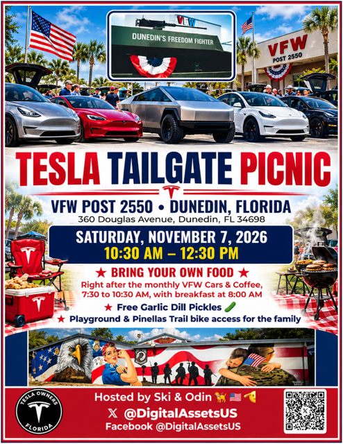 techtutorusa2's tweet photo. Own a Tesla? Live in Florida? Like to meet new people? Hope to see YOU here. Please share... @DigitalAssetsUS @ChargeFlexUSA @TeslaFamOrlando @teslabrosclub
@TeslaOwnersFL @ElectricUpgrade https://t.co/KuzobeKk1u