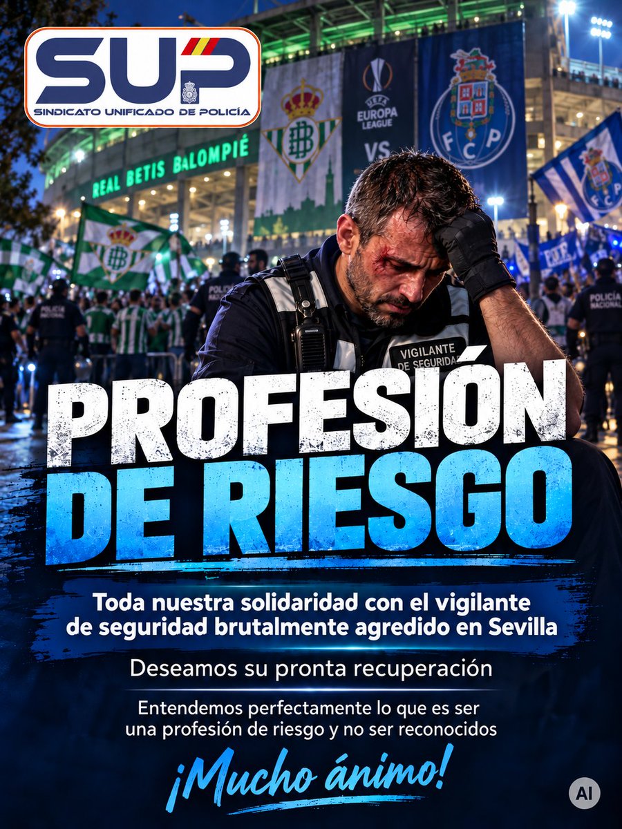 Sup_Policia's tweet photo. 🚨 Un trabajador de la seguridad privada ha sido molido a golpes en Sevilla por ultras del Oporto y sufre lesiones muy graves 💔

Desde el SUP queremos hacerle llegar todo nuestro cariño, nuestra solidaridad y los mejores deseos para que se reponga cuanto antes 🙏

Entendemos perfectamente lo que supone dedicarse a un trabajo que obliga a jugarse la integridad sin recibir el reconocimiento que merece. Vigilantes y policías compartimos una misma realidad: dar la cara por la seguridad de todos mientras otros descargan su violencia contra nosotros 😔

Queremos agradecer a los vigilantes privados su cooperación y su apoyo constante cada vez que trabajamos hombro con hombro con la Policía Nacional. Esa unión salva situaciones todos los días 🤝

Según informa Libertad Digital, la Policía Nacional ha detenido a dos de los aficionados violentos implicados, y la agresión le habría provocado la mandíbula rota 🩹

La violencia en el deporte no puede ser el precio de ir a trabajar ✋

¡Fuerza! 💪

Únete al Sindicato Mayoritario de la Policía Nacional desde el primer comentario⤵️