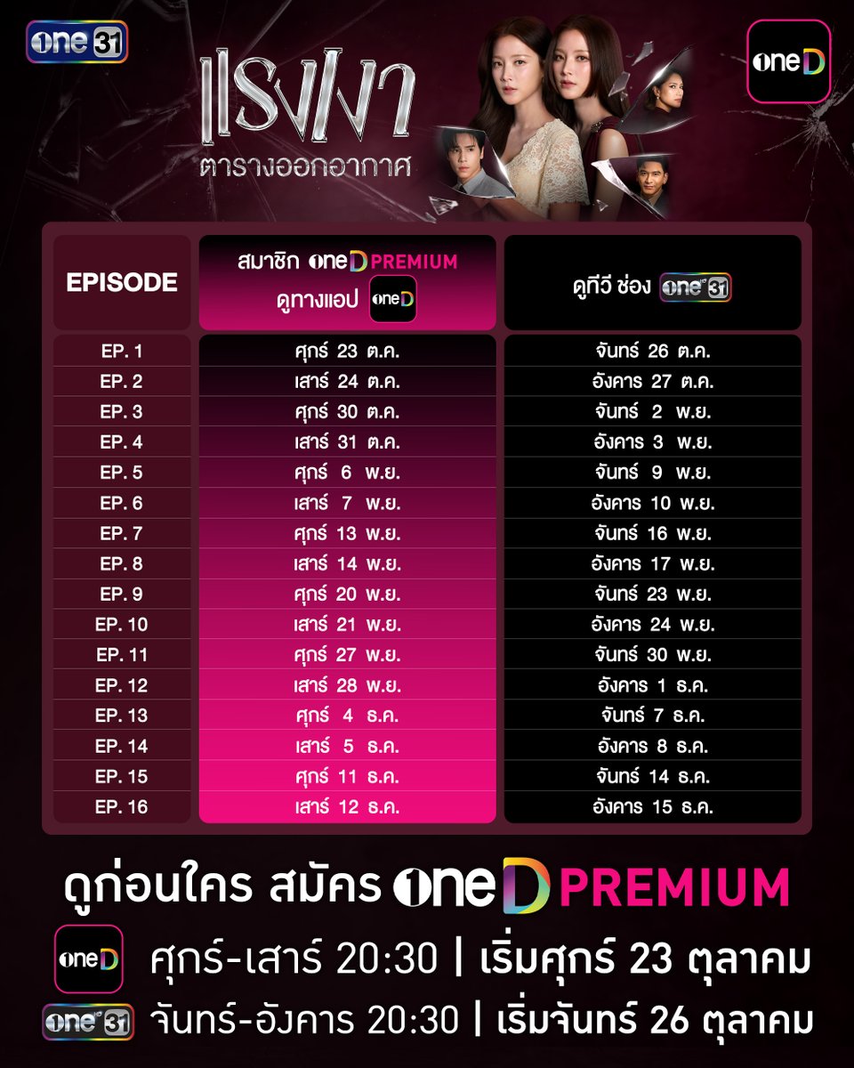 onedofficialth's tweet photo. ตารางออกอากาศ "แรงเงา"
ดูก่อนใคร รู้ก่อนใคร แรงก่อนใคร!

📍 ละครใหม่ “แรงเงา” 
ดู "แรงเงา" ก่อนใคร สมัคร oneD Premium

รับชมทาง
📲 แอป oneD ทุกวันศุกร์ - เสาร์ 20:30 | เริ่มตอนแรก ศุกร์ที่ 23 ตุลาคม
📺 ทีวี one31 ทุกวันจันทร์ - อังคาร 20:30 | เริ่มตอนแรก จันทร์ที่ 26 ตุลาคม

สมัคร oneD Premium คลิก : https://t.co/RekgVESZoi

#แรงเงา #แรงเงา2026
#oneDPremium #oneD
#oneDจริตไทย #ช่องวัน31