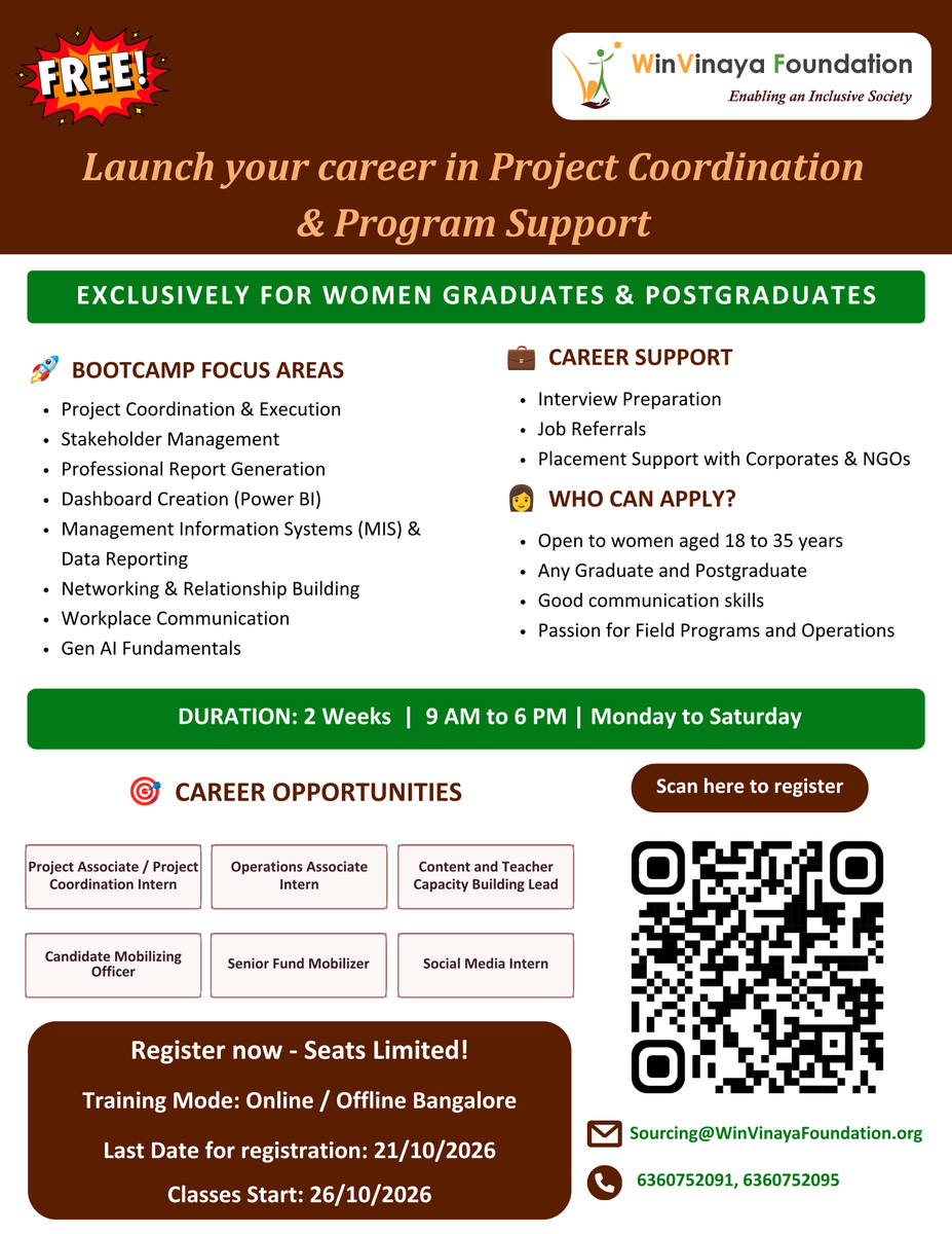 WinvinayaF's tweet photo. #WomenInWorkforce #ProjectCoordination #CareerLaunch #InclusiveEmployment #WinVinayaFoundation https://t.co/KLiTdItiGb