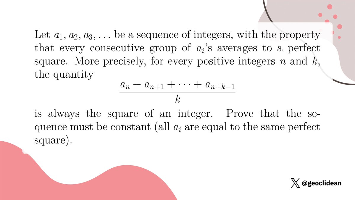 geoclidean's tweet photo. Consecutive averages of sequence always integer squares
#Quadratics #USAJMO #USAMO #Induction #ModularArithmetic #NumberTheoryProposed #QuadraticResidues https://t.co/xcX6fiZpU0