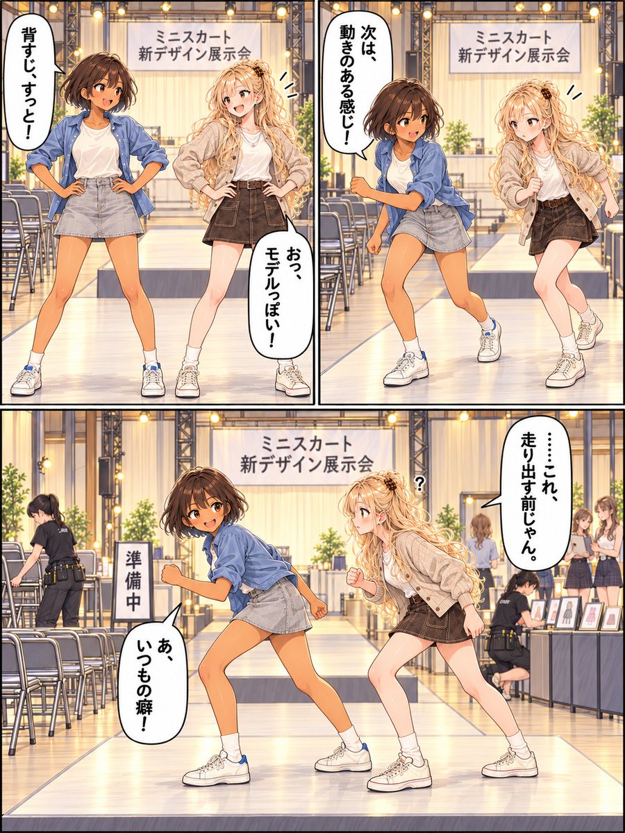 Terisu001's tweet photo. 10月18日｜#ミニスカートの日｜ ポーズの先生、交代！

10月18日は「ミニスカートの日」。1967年のこの日、英国のモデル・ツイッギーが来日したことにちなみます。

服は決まった。ポーズが決まらない。
展示会の準備中、ルリがヒナにレッスンをお願いしたら……。
#創作漫画 #AIイラスト #ミニスカートの日