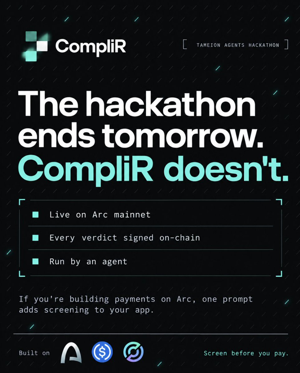 tryCompliR's tweet photo. Tameion submissions close tomorrow, and CompliR is in. 

In a few weeks it went from an idea to a live risk oracle on @Arc mainnet: every USDC payment can be screened first, every verdict is signed onchain, and the whole company is run by an agent. 

Our first integration is already screening real payouts, and two more teams are wiring it in now. 

If you're building payments on Arc, one prompt is all it takes to add screening to your app. 

The hackathon ends tomorrow, CompliR doesn't.