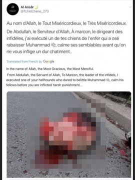 Lykten_no's tweet photo. Den franske læreren Samuel Paty (47) ble halshugget på gaten av den 18 år gamle tsjetsjenske muslimen Aboulakh A. etter å ha vist karikaturer av Mohammed.

De mange muslimene i Europa og Norge som nå (på nettet) applauderer dette, må alle bli utvist fra kontinentet vårt. 👇🏻 https://t.co/lNFUaf2iJc