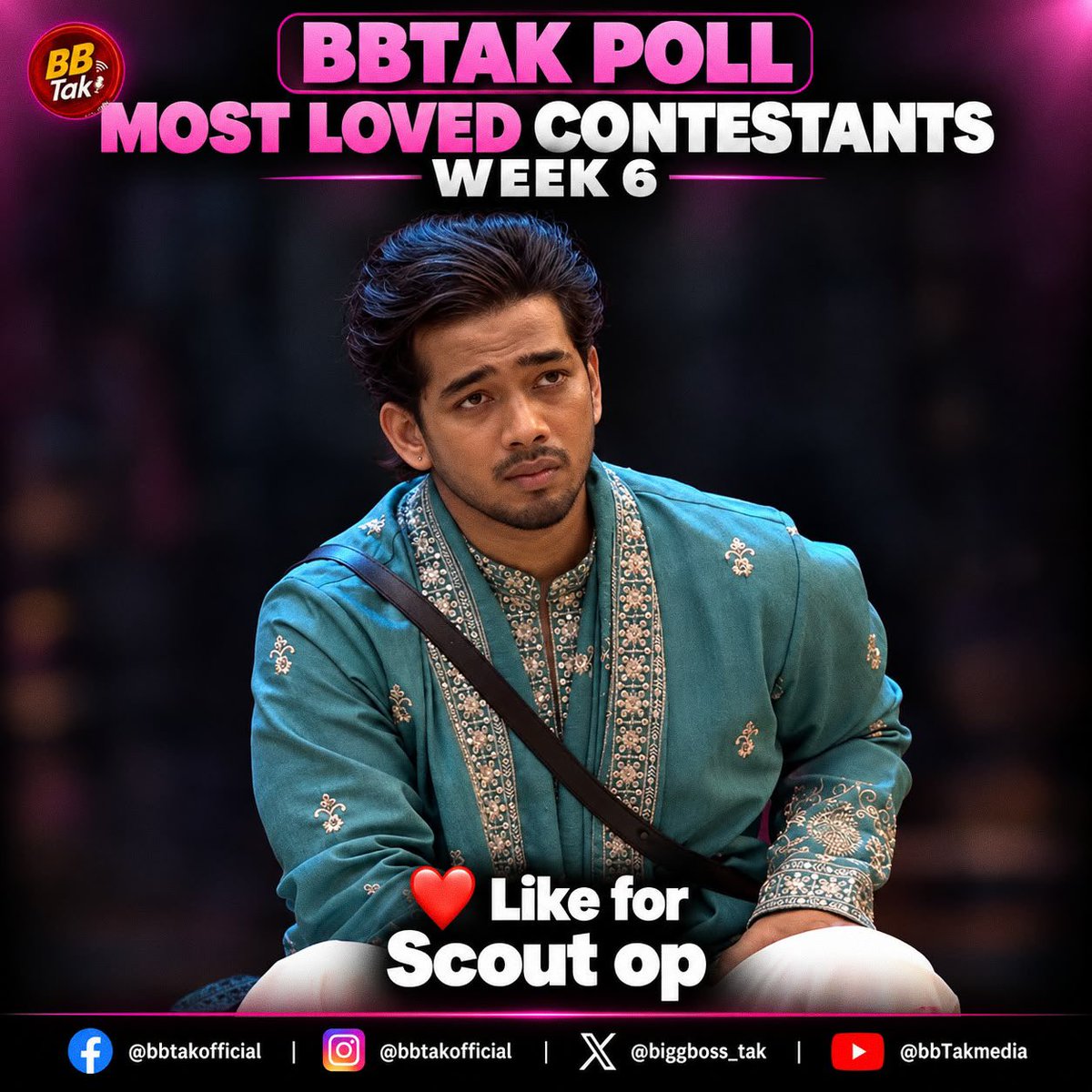 BiggBoss_Tak's tweet photo. 🚨 Biggest & Most Authentic #BBTak Poll - #BB20 Week-6 🚨

❤️ Like this post if you're supporting #ScoutOP in #BiggBoss20 

🗳️ Poll ends tomorrow (Sunday) at 8:00 PM.

📌 Note: #BBTak Poll results are based on the total number of likes received on contestants' posts across our Instagram, X (Twitter) & Facebook pages.

Poll also active on Facebook and Instagram.