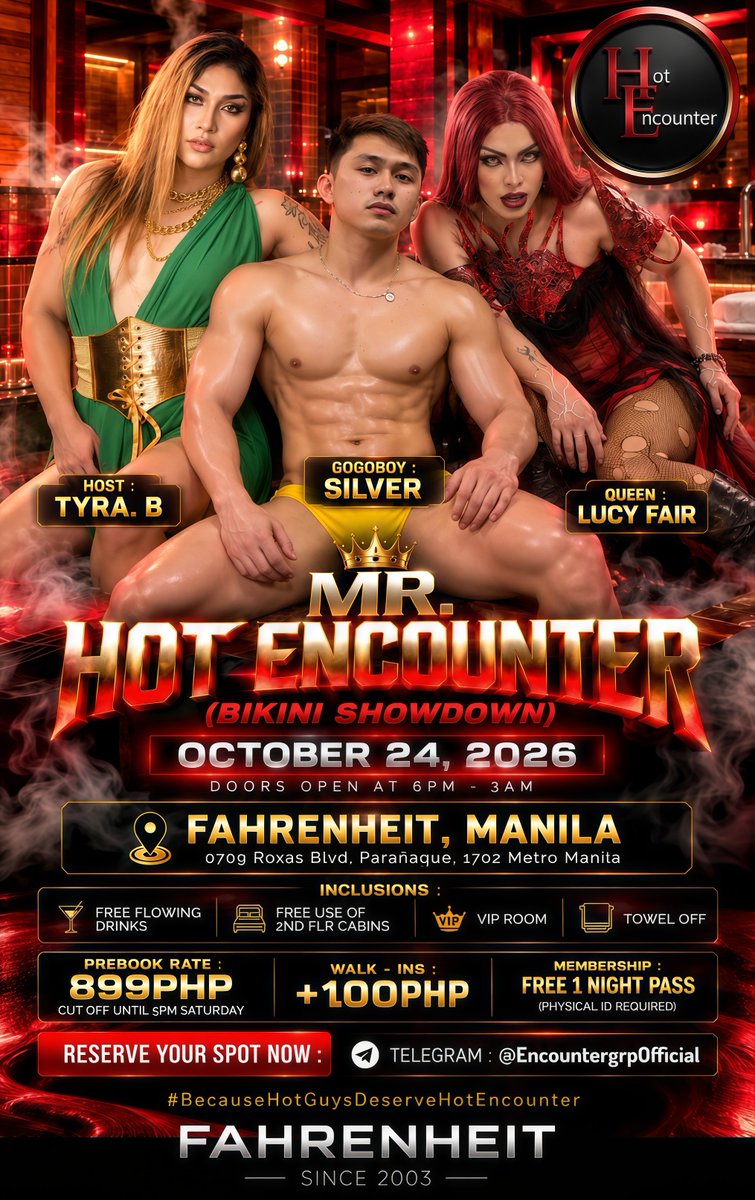 Alterpasig0318's tweet photo. 𝗣𝗔𝗦𝗢𝗞 𝗦𝗔 𝗚𝗖 : https://t.co/z7R0Wy4Ug6

𝗢𝗖𝗧. 𝟮𝟰 : 𝗛.𝗘 𝗘𝗫𝗖𝗟𝗨𝗦𝗜𝗩𝗘  𝗙𝗨𝗡
❌ TOWEL OFF + UNLI DRINKS + VIP ROOM ACCESS 
⏰ 6PM SAT – 3AM SUN. 
📍@fclub_manila
0709 Roxas Blvd, Parañaque, 1702 Metro Manila

RESERVE NOW : https://t.co/8AeRzUfa5Z https://t.co/cj9hd8T9HO