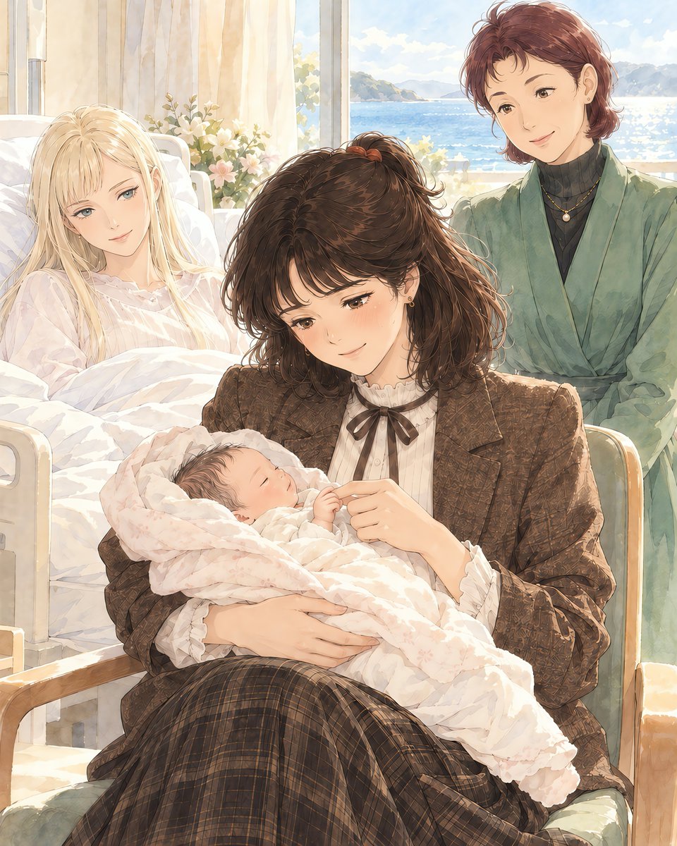 Rindou_AIart's tweet photo. IFSS.9  『叔母になる日』

ブライト・ノアが連邦議会選挙への出馬を表明してから、およそ三か月。
⠀
出産予定日を前に、ミライとチェーミンは短期滞在の手続きを済ませ、地球へ渡っていた。
⠀
選挙活動で同行できないブライトは、出発前に娘へ言った。
⠀
「私の分まで、よく顔を見てきてくれ」
⠀
日本、キュシュー北部。
⠀
二人が到着して数日後、ギギから連絡が届いた。
⠀
『無事に生まれました。母子ともに元気です』
⠀
チェーミンは、その短い文章を何度も読み返した。
⠀
かつて端末が知らせたのは、兄の死だった。
⠀
今、同じ画面が新し��命の誕生を告げている。
⠀
翌日、二人は海を望む産科病院を訪れた。
⠀
病室の扉をノックすると、ギギの声が返ってきた。
⠀
「どうぞ」
⠀
ミライが先に入り、チェーミンも続いた。
⠀
ギギはベッドの上で、毛布に包まれた赤ん坊を抱いていた。
⠀
「来てくれたんですね」
⠀
「もちろんよ。身体は大丈夫？」
⠀
「はい。まだ少し疲れますけど」
⠀
ミライはギギの肩にそっと触れた。
⠀
「よく頑張ったわね」
⠀
チェーミンは入口から数歩進んだところで立ち止まった。
⠀
こんなに、小さいんだ。
⠀
「ギギ……まだ聞いてなかった。男の子？　女の子？」
⠀
ギギは腕の中の赤ん坊を見つめた。
⠀
「女の子よ」
⠀
「女の子……！」
⠀
チェーミンの口元がわずかに緩む。
⠀
「名前は？」
⠀
「リィシェ」
⠀
ギギは微笑んだ。
⠀
「リィシェ・アンダルシア。私の娘よ」
⠀
「……アンダルシアなんだね」
⠀
「うん。ノアの名を使���ば、連邦にハサウェイの娘だと気づかれるかもしれない」
⠀
ギギは眠る娘の頬に目を落とした。
⠀
「ハサウェイを忘れたいわけじゃない。ただ、この子に��普通に生きてほしいの」
⠀
ミライが静かに頷く。
⠀
「名前が違っても、私たちの家族であることは変わらないわ」
⠀
チェーミンは、ようやくベッドのそばへ歩み寄った。
⠀
「……抱いても、いい？」
⠀
「もちろん」
⠀
ミライに抱き方を教わり、チェーミンは椅子に腰掛けた。
⠀
ギギがリィシェをそっと預け、ミライが頭と首を支えるのを手伝った。
⠀
小さな身体は、驚くほど温かかった。
⠀
眉のあたりが、幼い日のハサウェイに似ている気がした。
⠀
胸が痛んだ、その時。
⠀
リィシェが顔をくしゃりとさせ、小さなくしゃみをした。
⠀
「……ふふっ。こんな顔もするんだ」
⠀
「そうなの。さっきもくしゃみして、同じ顔になってたの」
⠀
ギギが笑うと、チェーミンも思わず笑った。
⠀
兄の面影を探していたはずなのに、今は目の前の女の子から目が離せない。
⠀
そうだ。
⠀
似ているところを探しに来たんじゃない。
⠀
「はじめまして、リィシェ」
⠀
チェーミンが人差し指をそっと近づけると、小さな手がきゅっと握った。
⠀
幼い頃、兄が自分の手を引いてくれた。
⠀
今、その兄の娘が自分の指を握っている。
⠀
「私、チェーミン。あなたの叔母さんだよ」
⠀
涙がにじんだが、チェーミンは笑った。
⠀
「……私、本当に叔母さんになったんだね」
⠀
ミライが通信端末を手にする。
⠀
「ブライトにも見せたいわ。写真を撮っていいかしら？」
⠀
「はい。でも、家族だけの写真にして下さい」
⠀
「ええ。約束するわ」
⠀
チェーミンはリィシェを抱いたまま顔を上げた。
⠀
電子シャッターの小さな音が響く。
⠀
写真には、姪を抱くチェーミンと、それを見守るギギが写っていた。
⠀
ミライはその一枚を、ロンデニオンのブライトへだけ送るつもりだった。
⠀
そこにハサウェイの姿はない。
⠀
けれど、彼を忘れない人たちの腕の中で、新しい命が静かに眠っていた。
⠀
「……会えて���かった、リィシェ」
⠀
失われた時間は戻らない。
⠀
それでも、新しい時間は始められる。

#閃光のハサウェイ