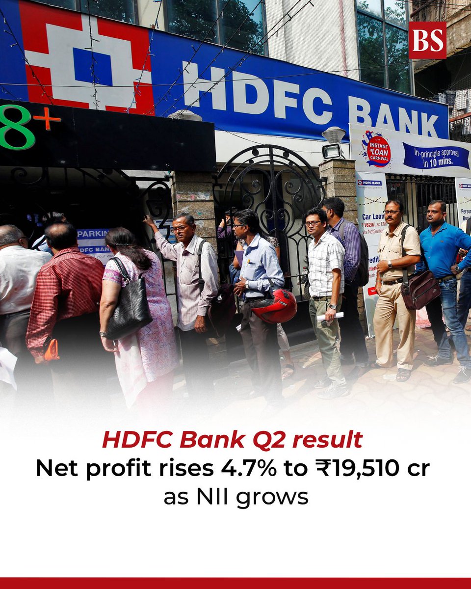 bsindia's tweet photo. #Q2WithBS | HDFC Bank reported a 4.7% year-on-year increase in net profit to ₹19,510 crore in Q2FY27, as a decline in other income and higher operating expenses and provisions partly offset growth in core interest income.

Details: https://t.co/cQsO7ovMBb

#HDFCBank #Q2Results #Q2FY27 #Q2Earnings | @subratapanda