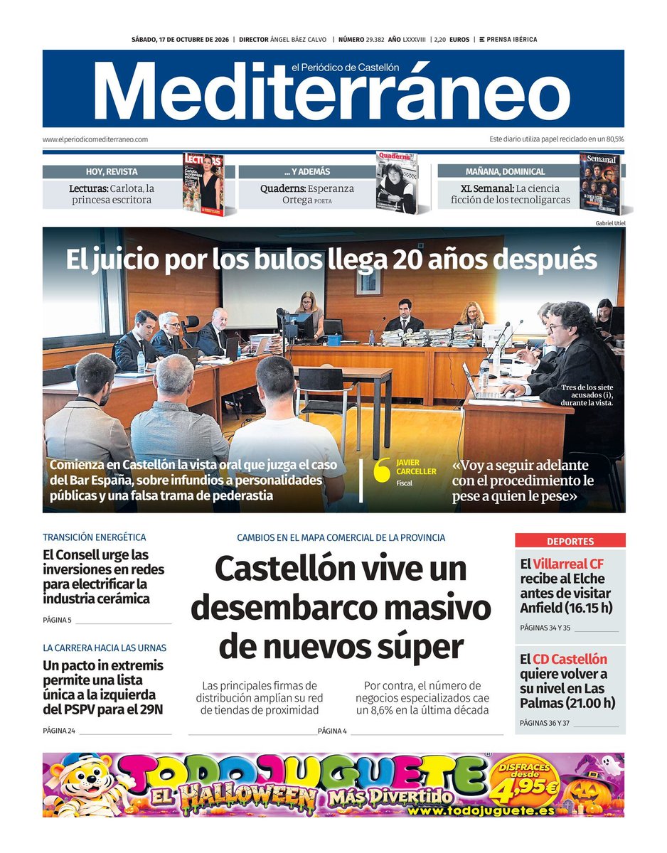 ximogorriz's tweet photo. Hoy sábado 17 de octubre en las #portadasdeCastellón, #supermercados @Aerocastello #tribunales #bulos #BarEspaña @generalitat #energía #29N @VillarrealCF @CDCastellon #FiradOnda @AjuntCastello @AytoBenicassim @ASCER_comunica @dipcas @a_punt_media #cáncerdemama y más https://t.co/bnazDwxj8M
