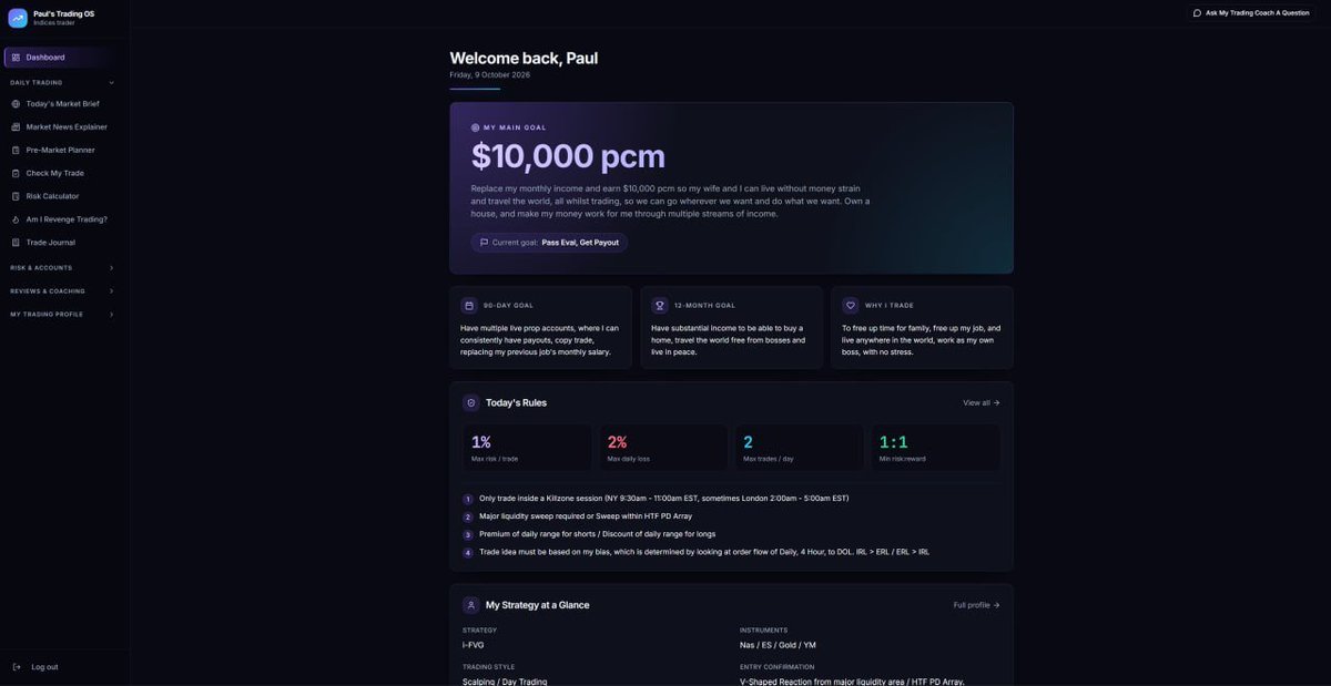 DionTrades_'s tweet photo. I spent $4,000 on a mentor for 2 calls.

Best money I ever spent.

He didn't teach me a new setup. He reviewed my trades.

So I built an AI that does that for you, and put my full trading course inside.

Set up in 10 minutes. No AI knowledge needed.

✅ An AI mentor that reviews your trades and tells you what to fix
✅ An AI journal that shows where you're leaking money
✅ A pre-market coach that stops you taking random setups
✅ My complete trading course, included
✅ Weekly live trainings with me

Free.

Comment "AI" and follow me.

I'll DM it to you today.
