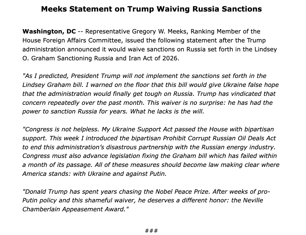 ralexdc's tweet photo. NEW!!  Rep. Meeks urges Congress to counter Trump’s Russia sanctions waiver, pointing to bipartisan legislation supporting Ukraine, blocking Russian oil deals and fixing the Graham sanctions bill. 

“Congress is not helpless,” he says, calling for action to stand with Ukraine against Putin.