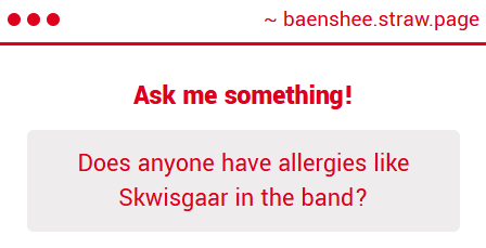 baensheeband's tweet photo. You mean Skwisgaar's supposed "allergy" to all forms of birth control or the cilantro t'ing? I do not believe any of us has any such allergy, either way.
-Caj https://t.co/eHA1A9Hm3I