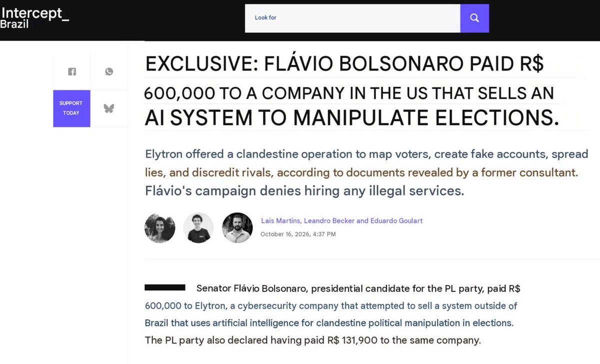 HLFrisbie's tweet photo. #EleccionesBrasil 🇧🇷 
La campaña del candidato presidencial de extrema derecha de Brasil 🇧🇷 , respaldado por Estados Unidos 🇺🇸 , Flávio Bolsonaro, pagó a una empresa estadounidense que vende un sistema de IA por manipular elecciones.

El partido de derecha de Bolsonaro también pagó a la compañía estadounidense, que mapea a los votantes y crea cuentas falsas en las redes sociales para difundir desinformación en línea dirigida a votantes cruciales.

Esta revelación se produce después de que Meta admitiera que censuró las cuentas del candidato de izquierda Lula da Silva y promocionó a Bolsonaro en Instagram, Facebook y WhatsApp.

Post original @BenjaminNorton

Publicación en Portugués: https://t.co/kvE8UCH61b…