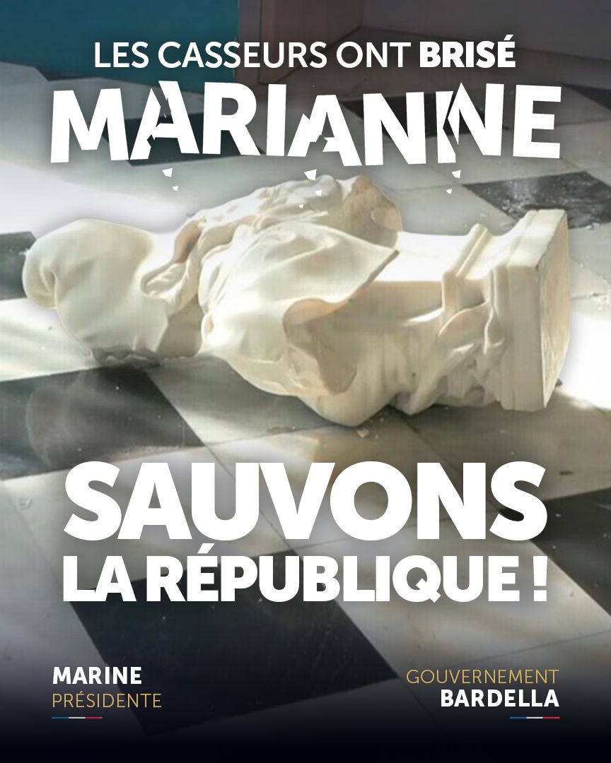 RNational_off's tweet photo. Sous l'impulsion de l'extrême gauche, les casseurs ont brisé Marianne. Nous, nous relèverons la République et la France ! https://t.co/xlsCWqd13b