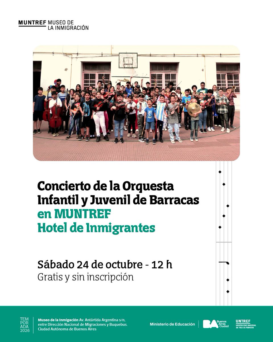 MUNTREF's tweet photo. ¡Nuevo concierto de las orquestas infantiles y juveniles del Ministerio de @EducacionBA en el #HoteldeInmigrantes! 

🗓️ El sábado 24/10, a las 12 h: #VeníAlMUNTREF para disfrutar de un repertorio clásico y popular a cargo de la Orquesta Infantil y Juvenil de #Barracas.
✅ Gratis https://t.co/bnKJuIlOfR