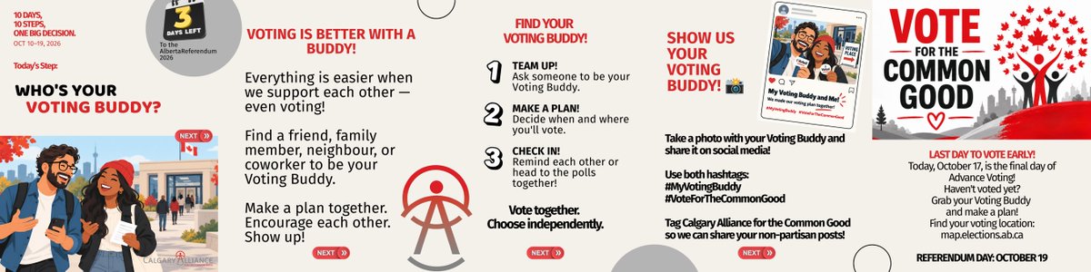 CommonGoodYYC's tweet photo. 🗳️ 3 DAYS TO GO!
Today’s challenge: Who’s Your Voting Buddy? 👥
Find a friend, make a voting plan, and remind each other to vote!
📸 Take a photo together &amp; share it with #MyVotingBuddy and #VoteForTheCommonGood
Today is the LAST DAY of Advance Voting.
📍 https://t.co/Lo6sSOHux6 https://t.co/UYyx2N0cmG