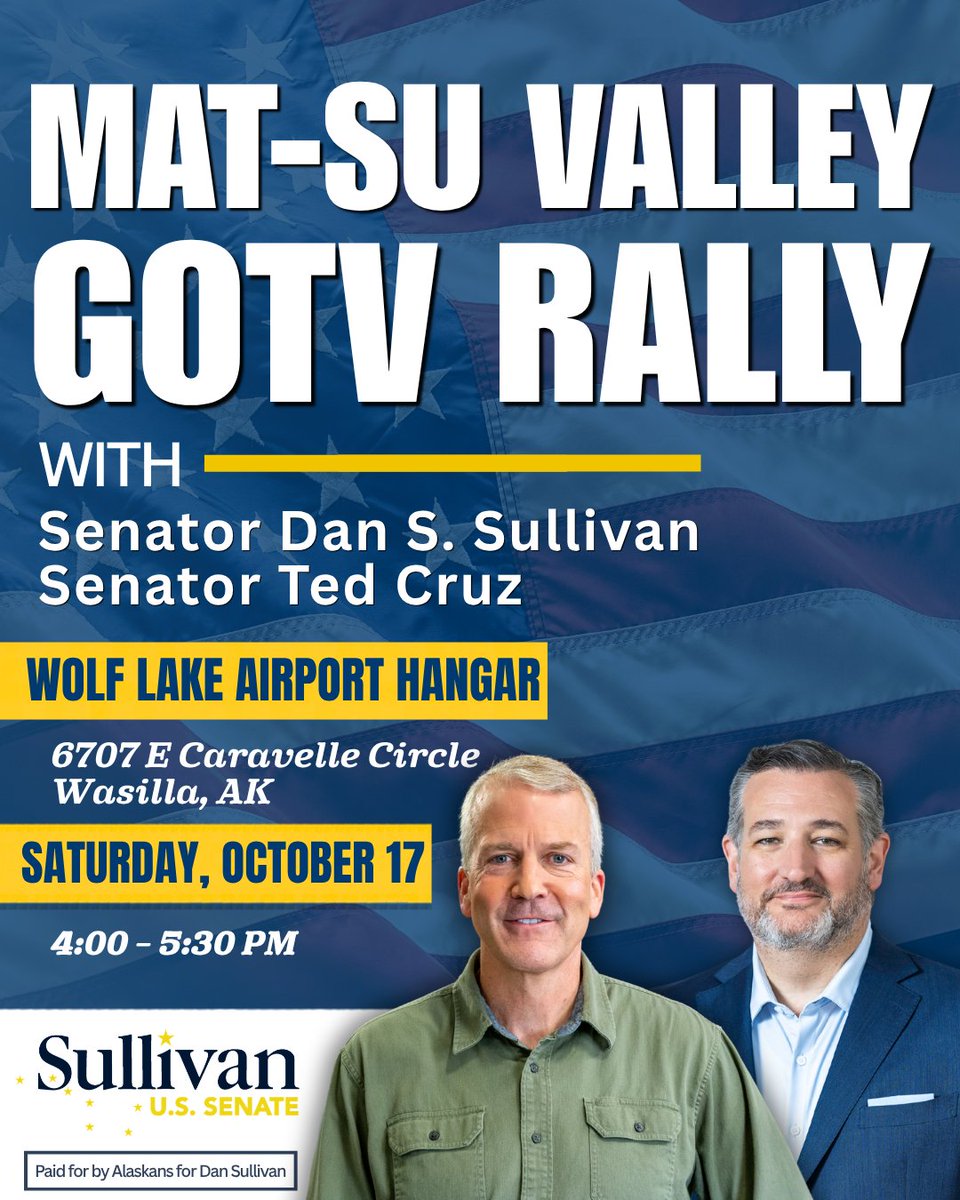 tedcruz's tweet photo. Alaska! I’m hitting the campaign trail today with @DanSullivan_AK. 

We’ve got three stops across the state, and I hope to see you there. https://t.co/dcvNfAcn6r