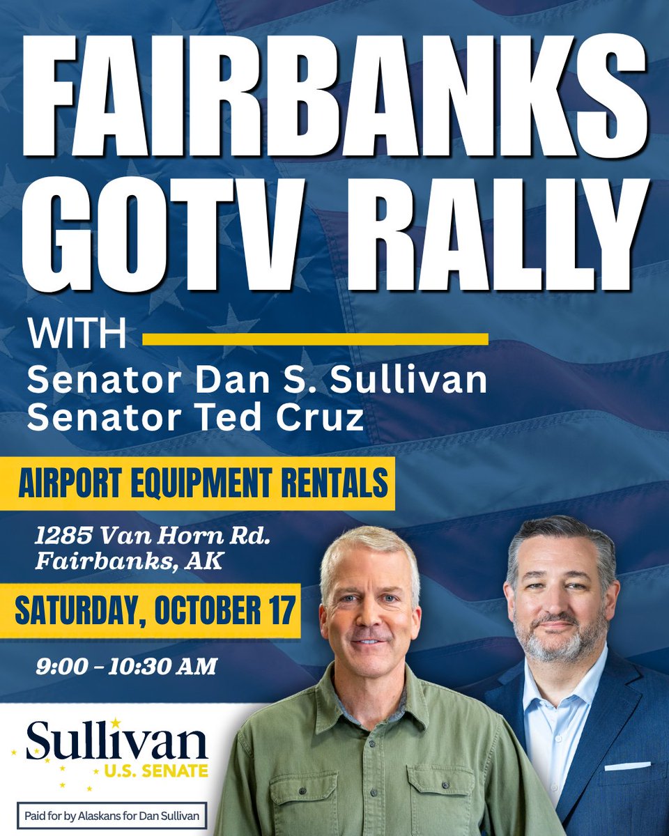 tedcruz's tweet photo. Alaska! I’m hitting the campaign trail today with @DanSullivan_AK. 

We’ve got three stops across the state, and I hope to see you there. https://t.co/dcvNfAcn6r
