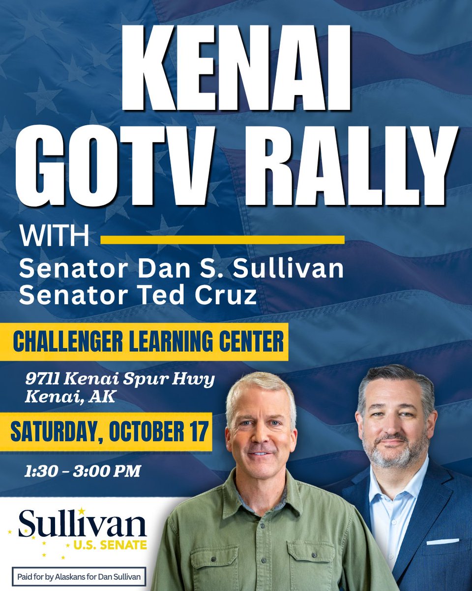 tedcruz's tweet photo. Alaska! I’m hitting the campaign trail today with @DanSullivan_AK. 

We’ve got three stops across the state, and I hope to see you there. https://t.co/dcvNfAcn6r