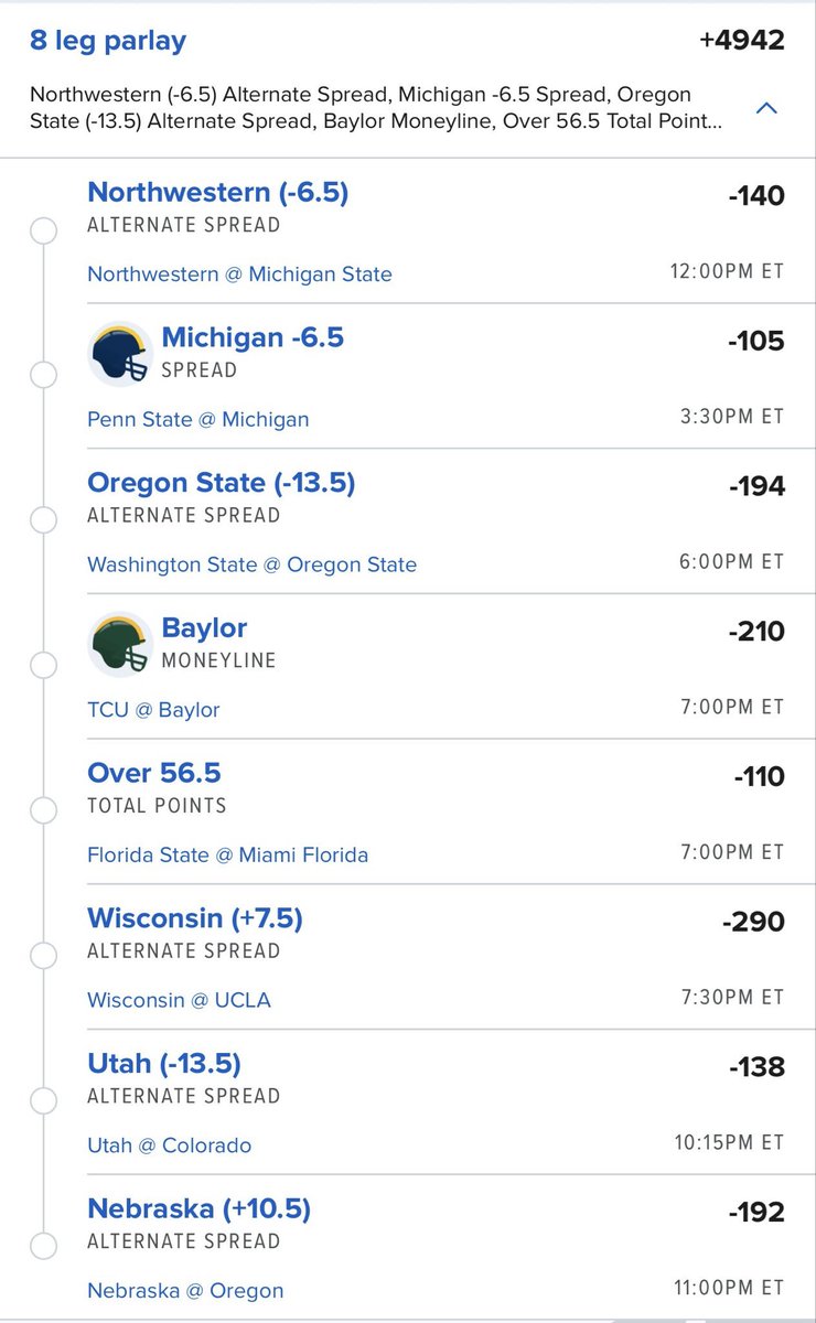 Aishabetparlays's tweet photo. 🚨🏈 8-LEG COLLEGE FOOTBALL MEGA PARLAY. 💰🔥
 +4942 ODDS.

🔒 NORTHWESTERN -6.5
🔒 MICHIGAN -6.5
🔒 OREGON STATE -13.5
🔒 BAYLOR ML
🔒 FSU vs MIAMI OVER 56.5
🔒 WISCONSIN +7.5
🔒 UTAH -13.5
🔒 NEBRASKA +10.5

📲 JOIN MY FREE TELEGRAM GROUP LINK IN BIO. ⬇️⬇️
#CFB #Sport https://t.co/VFoOlTaaOC