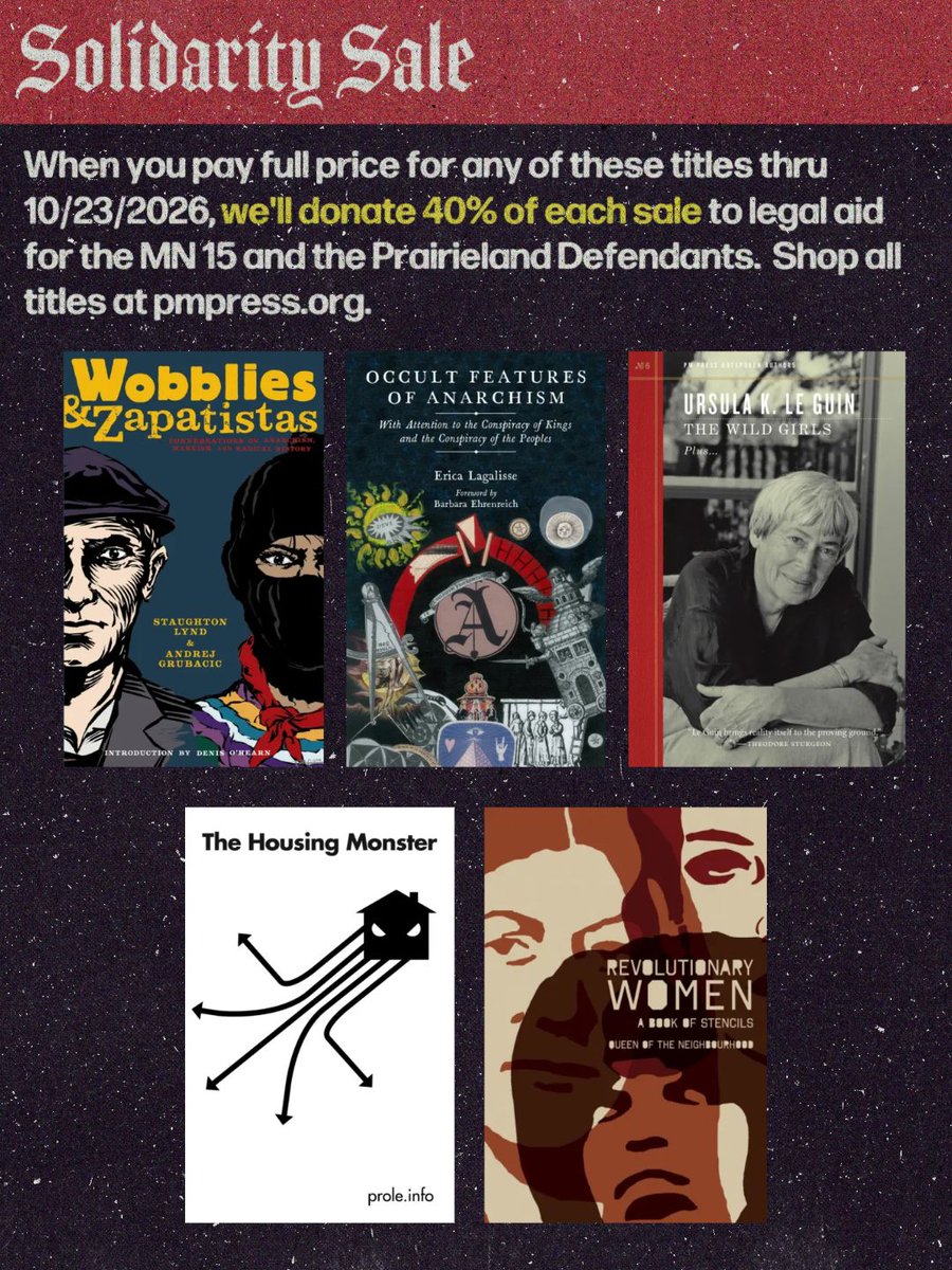 PMPressOrg's tweet photo. Support the Prairieland Defendants and the MN 15! When you pay full price for select titles thru 10/23/26, we’ll donate 40% of each sale to legal aid for the defendants. https://t.co/ih35KzGwoy