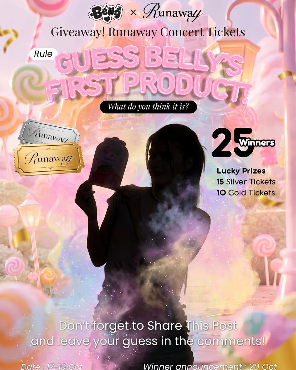 beckyfanclub05's tweet photo. 📸💜: bellybybecky

@AngelssBecky @BellyOfficialTH 

#bellybybecky #bellyiscoming
#giveaways #beckyconcert2026 #RunawayConcert

🎟️ GIVEAWAY: RUNAWAY CONCERT TICKETS (EN Version In Comment) Belly 

ชวนทุกคนมาร่วมสนุกและลุ้นรับบัตรคอนเสิร์ต Runaway ฟรี! 💗✨ มาร่วมทายกันว่า… “Belly’s First Product” คืออะไร? 👀 ใครจะทายถูกและได้เป็นหนึ่งในผู้โชคดี ลองมาร่วมสนุกกันเลย!

 🎁 Lucky Prizes ทั้งหมด 25 Winners 

• 15 Silver Tickets 
• 10 Gold   Tickets  

📅 ร่วมกิจกรรม: 17-19 October 2026 🏆 ประกาศผล: 20 October 2026 

รายละเอียดและกติกาในการแจกดูได้ใน IG : bellybybecky