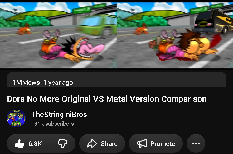 TheStringiniBro's tweet photo. "Dora No More Original VS Metal Version Comparison"
Hit 1 million views! Thank you everyone for the continued support. Great to know that fans enjoy the Metal version, and comparing it to the original from 13 years prior.
https://t.co/R9a4oBow3q https://t.co/mpZCcwky2b