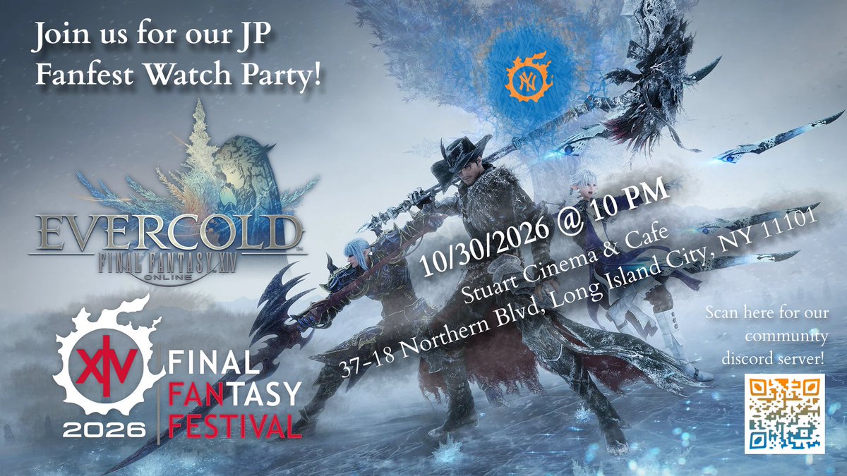 Trashman_kino's tweet photo. We're having a watch party for the last Fanfest before Evercold in NYC.

Please come by to hang out with other WoLs and enjoy a nice night out in a theater.

📅: Oct 30, 2026 (Friday),  10 PM to 12 AM
📍: Stuart Cinema (Queens)

Hope to see you there!

#FFXIV #FFXIVFanFest https://t.co/zDOBWOtyT8
