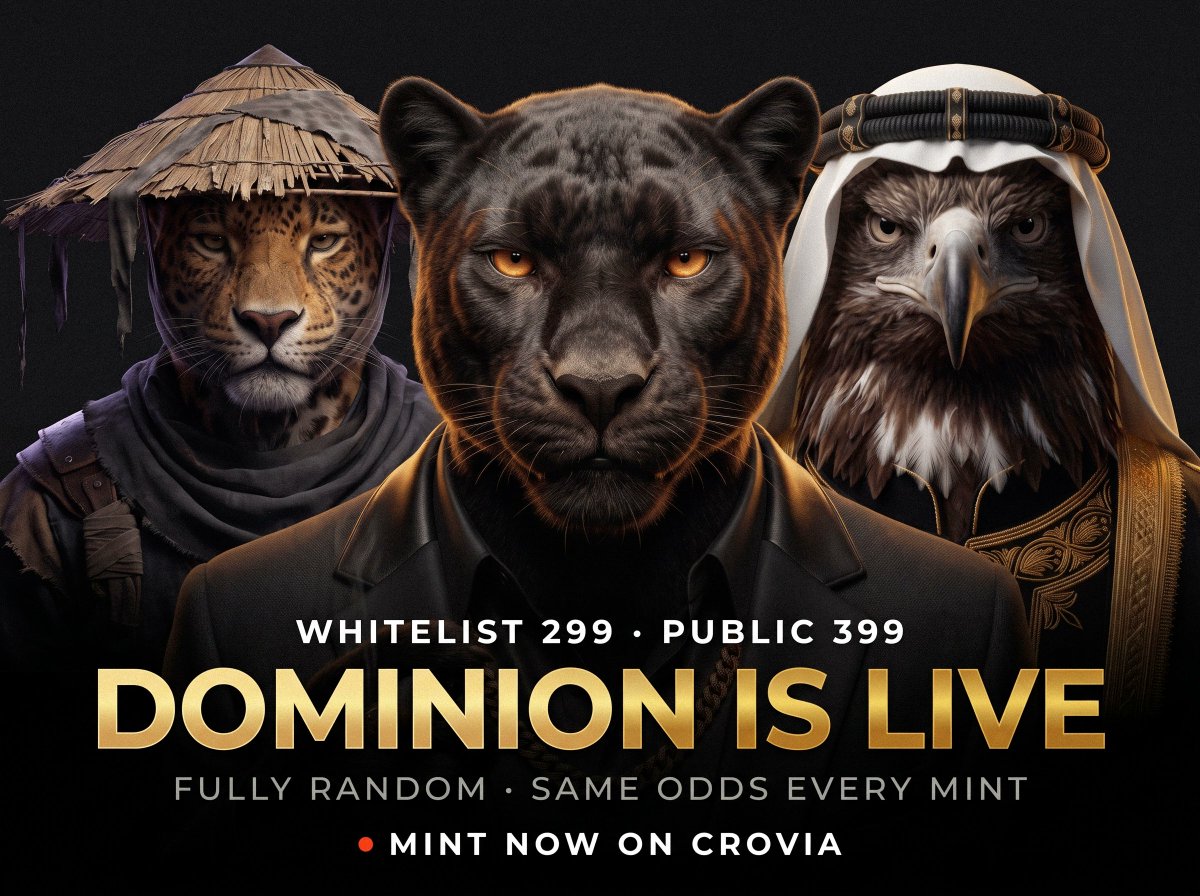 dignifiedbeasts's tweet photo. DOMINION EDITION IS LIVE. ⚡

Whitelist (299 CRO) and Public (399 CRO) are open now.

A Golden Legendary - GOLDEN PANTHER
A Epic Dominion Beast was already found in Early Access. 

Fully random draw. Not even we know where the rest sit.

2 Golden Legendaries. 6 Void Anomalies. 1 Ascended. Still hidden.

Same odds on every mint, no matter when you buy. 👇