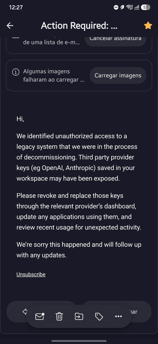 caiolombello's tweet photo. pessoal, revoguem suas keys de API que usam no OpenCode, acabei de ser alertado por eles que identificaram um acesso não autorizado a um sistema legado que estão no processo de retirada

@OpenAI e @AnthropicAI me avisaram antes de madrugada e estranhei, agora entendi https://t.co/bh1xqPmzQl