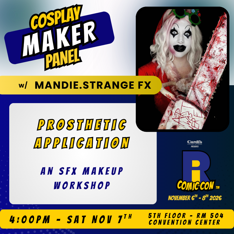 ricomiccon's tweet photo. PROSTHETIC APPLICATION: An SFX Makeup Workshop

Want to elevate your cosplay makeup? 💄 If you’ve ever wanted to add makeup prosthetics to your cosplay but didn't know where to start, this is the place for you! Join Mandie.Strangefx for an exclusive SFX workshop. 

Learn how to seamlessly apply and blend a full-face prosthetic and receive pro-tips for painting and detailing. Step-up your makeup skills and blend like a pro! Find Mandie at 4:00pm, Saturday, November 7th in Room 504 at the Rhode Island Convention Center!