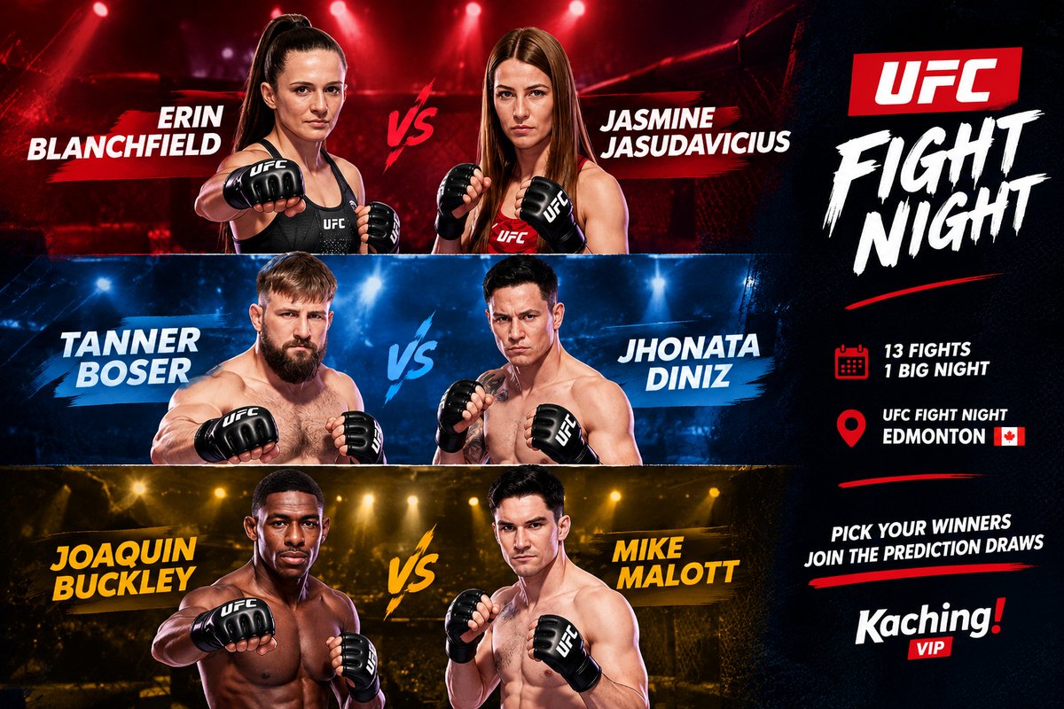 KachingVIP's tweet photo. 13 FIGHTS. 3 NAMES TO WATCH.

UFC Fight Night: Buckley vs Malott is on tonight!

👊Mike Malott - Riding a 4-fight win streak, fresh off a stoppage win over Gilbert Burns.

🔥Erin Blanchfield - A top flyweight contender with wins over former champion Rose Namajunas and Jessica Andrade.

💥Joaquin Buckley -  15 career KO wins. One clean shot can change any fight.

🥊Fights to lookout for tonight: 

 🇨🇦 Buckley vs Malott 
⚡Blanchfield vs Jasudavicius 
💣Tanner Boser vs Jhonata Diniz 

🎯 Pick your winners and join the UFC prediction draws on @KachingVIP

👇https://t.co/JPIpFOMIZr

#KachingVIP #UFC #MMA #PredictionMarkets