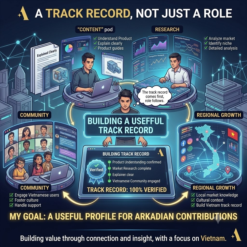 julia604569's tweet photo. How I Want to Participate

I'm not joining Arkadian simply to collect roles.
My goal is to build a useful contributor profile around four areas:
Content
Research
Community
Regional Growth
Especially the Vietnam market.
If a project needs someone who can understand a product, research its market, explain it clearly and connect it with Vietnamese communities, that's the kind of contribution I want to build toward.
The role is secondary.
The track record comes first.

@arkadianworld