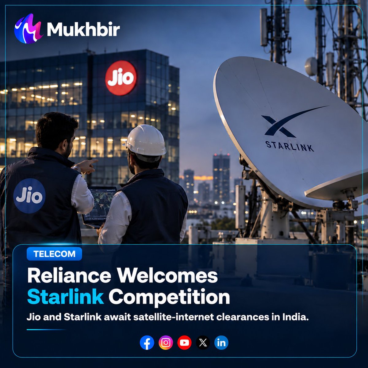 MukhbirPk's tweet photo. Reliance ne Starlink competition ko welcome kiya hai, jabke Jio bhi India mein satellite internet approval ka intezar kar raha hai.

Disclaimer: AI-generated image for illustrative purposes only.

#Starlink #Jio #Mukhbir https://t.co/cZLqzB8kBy