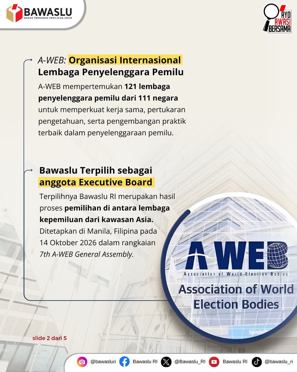 BawasluKendari's tweet photo. Bawaslu terpilih sebagai salah satu Executive Board A-WEB ✨

Apa itu A-WEB dan bagaimana perannya dalam meningkatkan kualitas demokrasi global? Serta bagaimana kontribusi pengalaman pemilu Indonesia?

Yuk, simak unggahan ini dan temukan jawabannya 😉✊🏻

#AWEB
#WorldElection https://t.co/U6UwrVQg8B