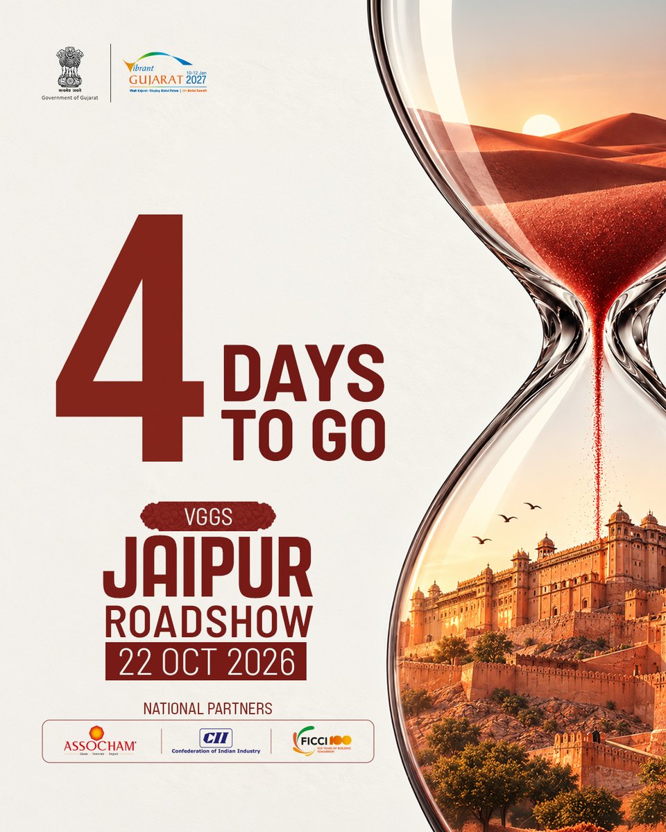 VibrantGujarat's tweet photo. 4 DAYS TO GO
Jaipur gets ready to welcome the VGGS 2027 Roadshow.
22 October 2026

Register for the Roadshow:
https://t.co/vIG1t83UvQ

Viksit Gujarat – Shaping Global Future
@kunvarjibavalia 
@ASSOCHAM4India 
@ficci_india  
@FollowCII 

#VGGS2027 #VibrantGujarat #VibrantGujarat2027 #VGGS2027Roadshow #JaipurRoadshow #Jaipur #Rajasthan #4DaysToGo #ViksitGujarat #ShapingGlobalFuture #InvestInGujarat #GujaratGrowthStory #InvestmentOpportunities #BusinessNetworking #GlobalInvestments #IndustryConnect #EconomicGrowth #BusinessOpportunities #GujaratToJaipur #RoadToVGGS2027