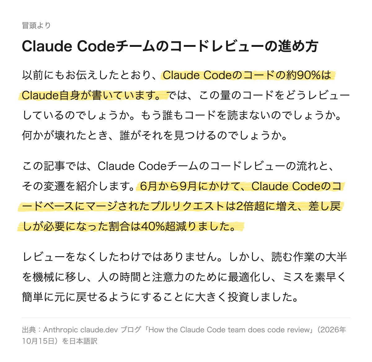 ctgptlb's tweet photo. 【Anthropic、Claude Codeの約90%をClaudeが書くチームの「コードレビュー」を公開。低リスクの変更は人が読まずにマージ】

6〜9月にマージPRは2倍超、差し戻し率は40%超減。
・PR前にClaudeが検証し、全PRを複数エージェントがレビュー
・リスク3段階で、人の承認は0〜2人
詳細はリプで↓ https://t.co/qbMNzEC0Q9
