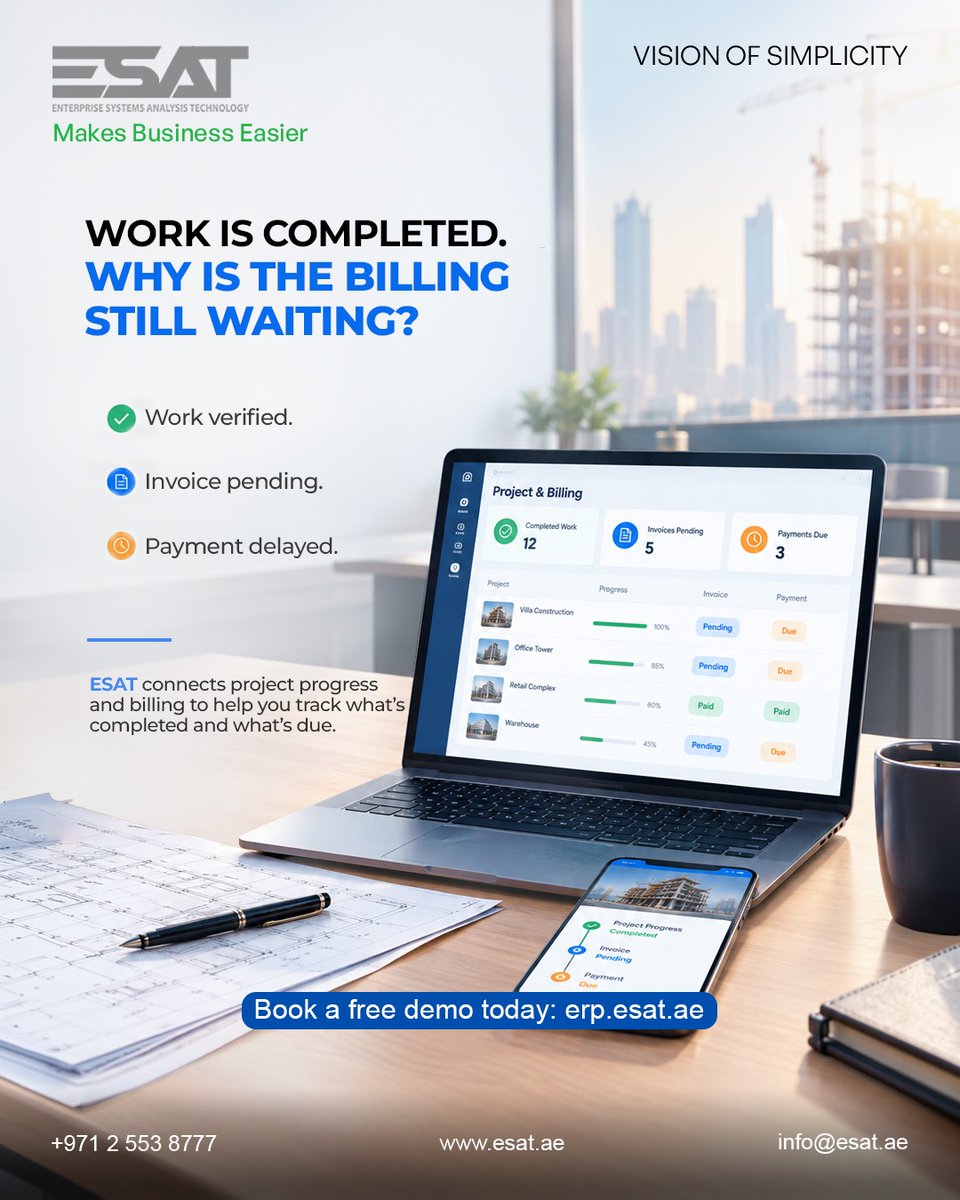 EsatSolution's tweet photo. Work completed, but billing still pending? 
Track completed work, invoices, and due payments with ESAT ERP.

Book your free demo: https://t.co/br3twNlpfL
.
.
#ESAT #ConstructionERP #ProjectBilling https://t.co/ZwH883qEFY