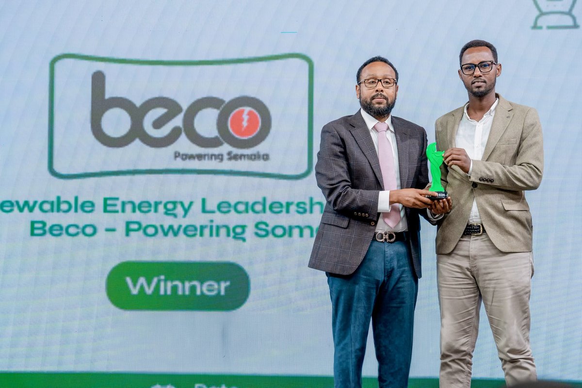 beco_power's tweet photo. BECO is proud to receive the Renewable Energy Leadership Award at the Somali Green Awards 2026, recognizing our efforts to advance renewable energy and promote a cleaner, greener future for Somalia.

#BECO #RenewableEnergy #Somalia https://t.co/Ievv3P5bsR