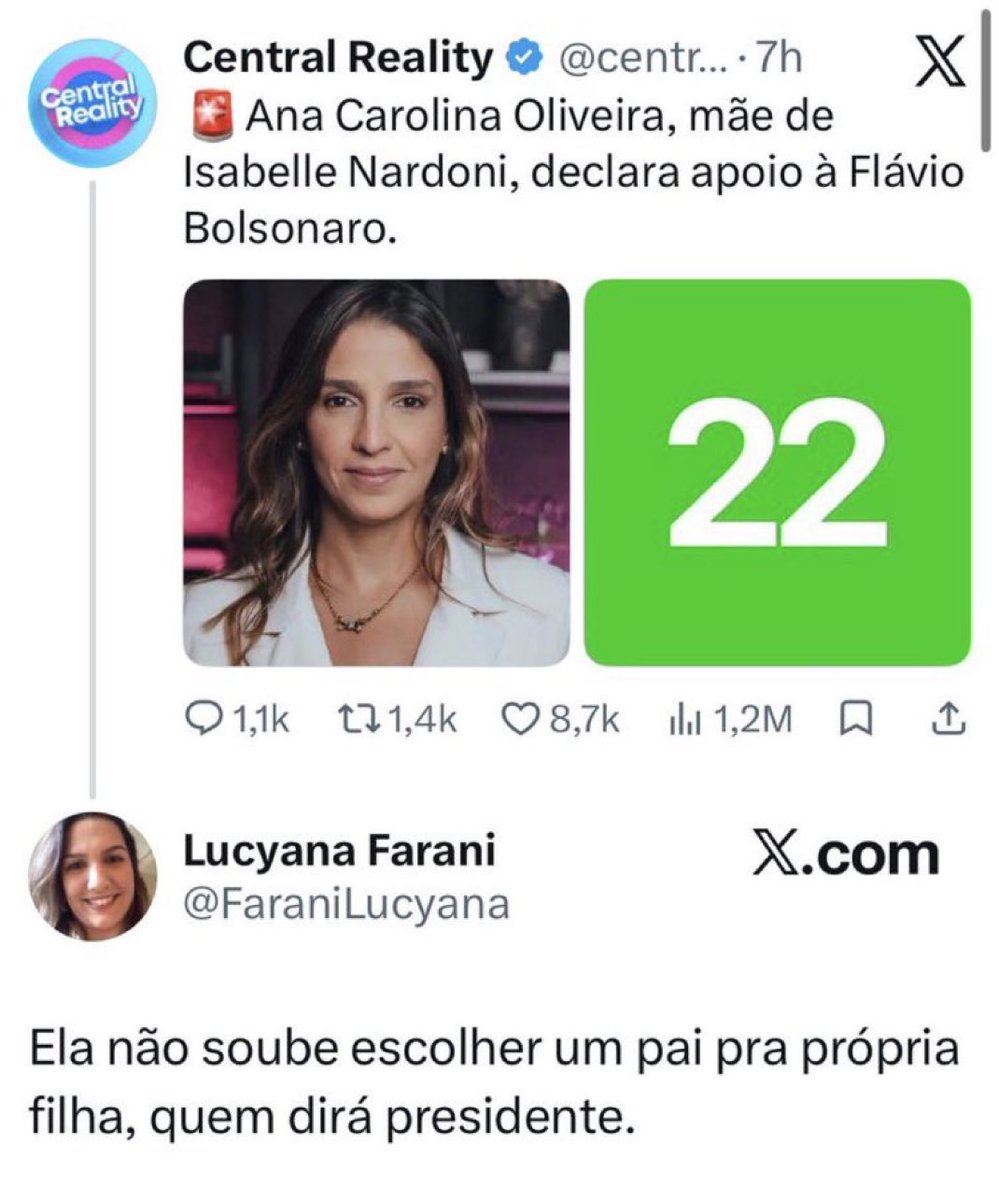 TaisaComenta's tweet photo. Cara, qual a dificuldade de respeitar as escolhas partidárias das pessoas? O único motivo dela votar no Flavio Bolsonaro é justamente Isabelle Nardoni.

A filha dela foi ASSASSINADA pelo pai e a madrasta e tinham direito a saídinhas. Agora estão em semi-aberto e a filha dela MORTA! 

Manda o Lula parar de defender bandido, que talvez ela vote nele.